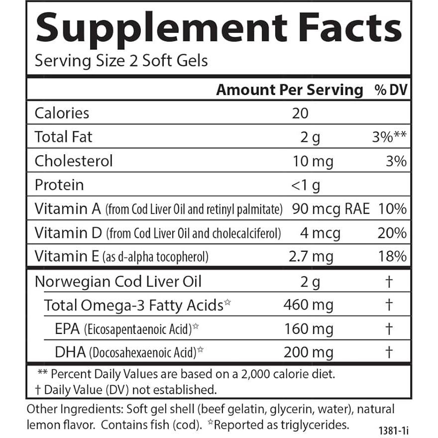 Cápsulas de Aceite de Hígado de Bacalao Carlson 460 mg Omega-3