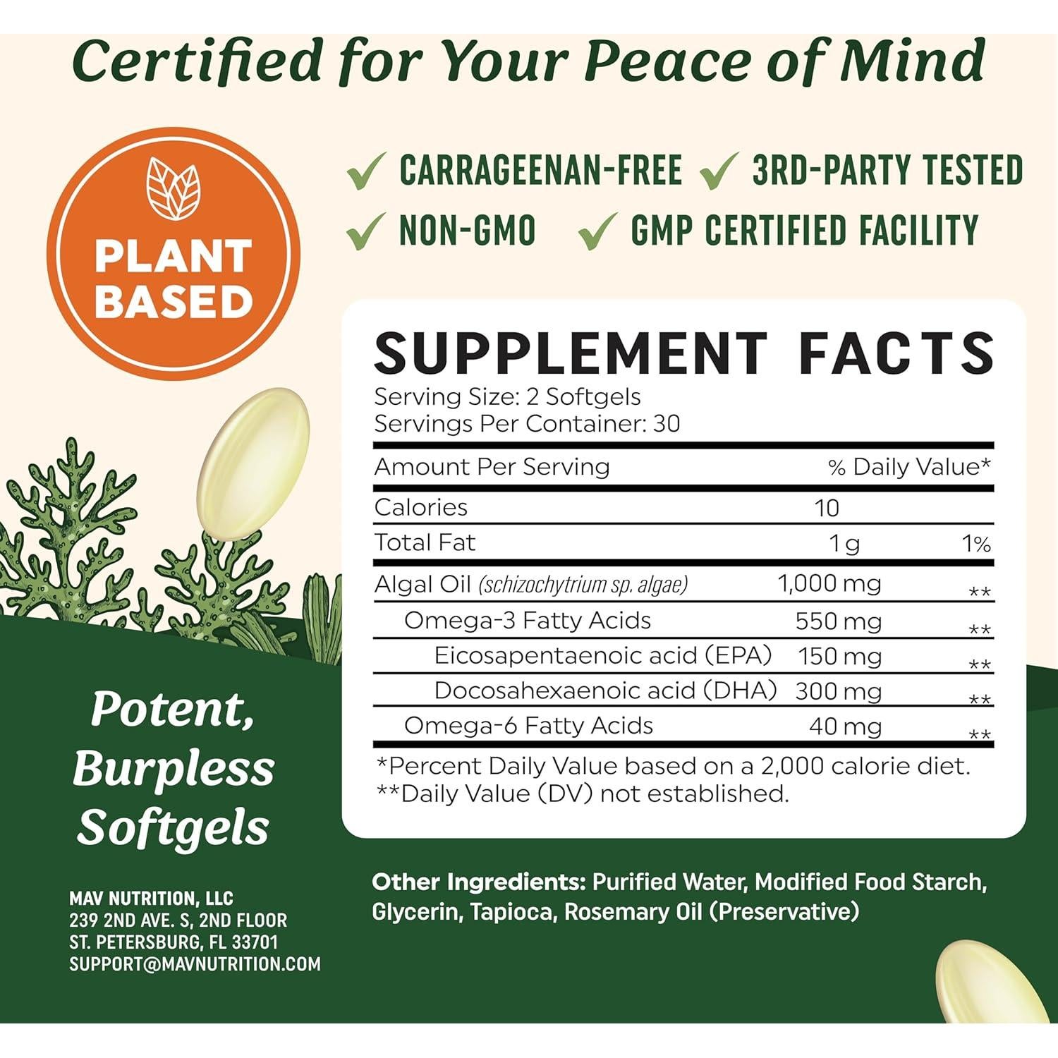 Suplemento Omega 3 Vegano MAV Nutrition 60 Cápsulas Blandas