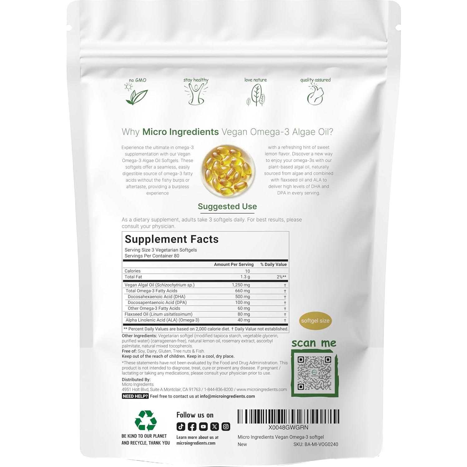 Micro Ingredients Aceite de Algas Omega 3 Vegano 240 Cápsulas