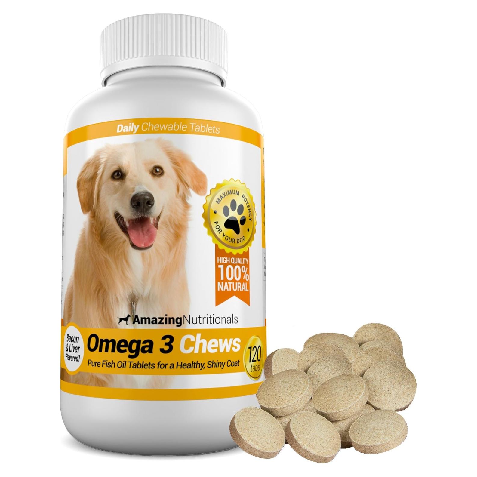 Suplemento Omega 3 para Perros Nutricionales Asombrosos - 120 Masticables de Aceite de Pescado con Sabor a Hígado