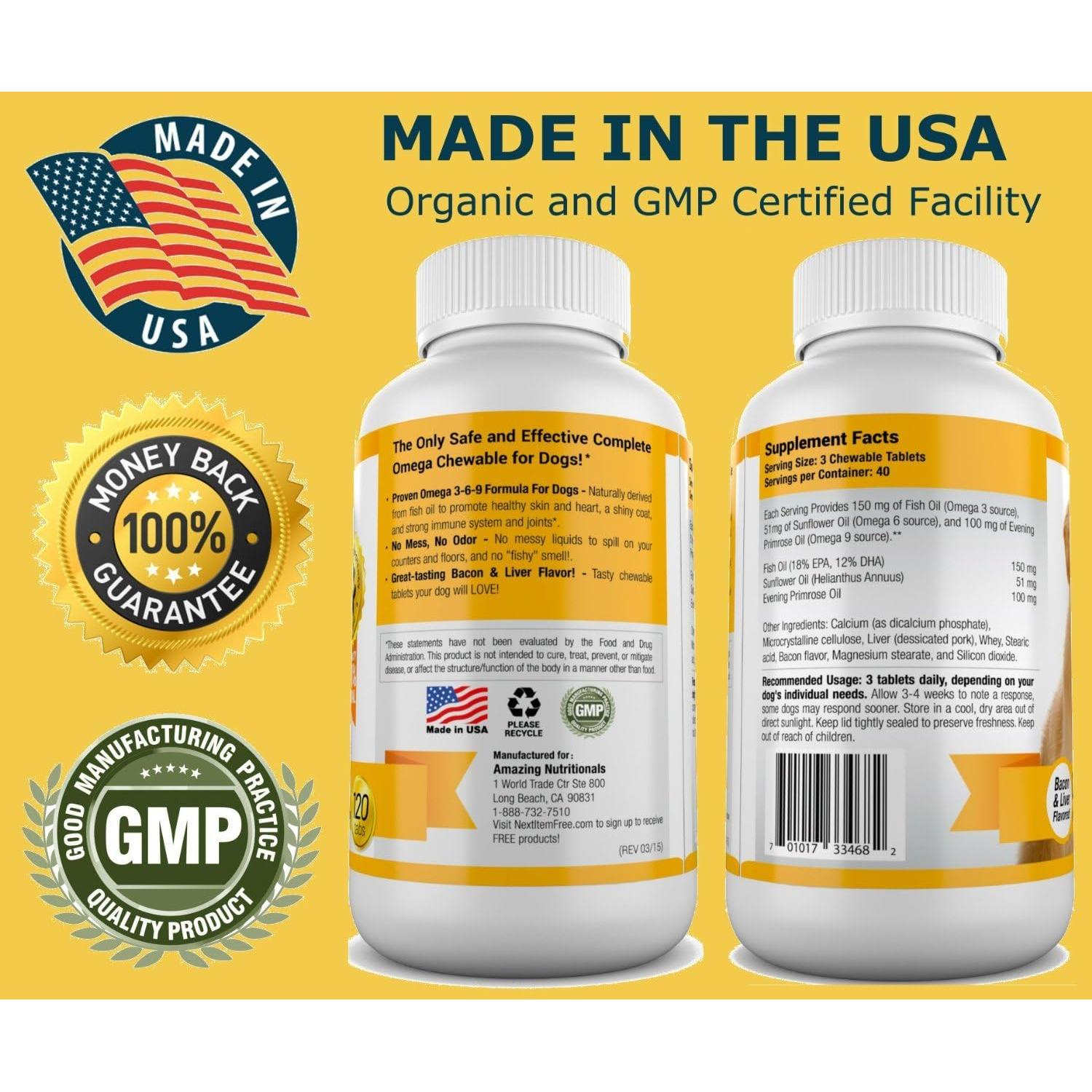 Suplemento Omega 3 para Perros Nutricionales Asombrosos - 120 Masticables de Aceite de Pescado con Sabor a Hígado