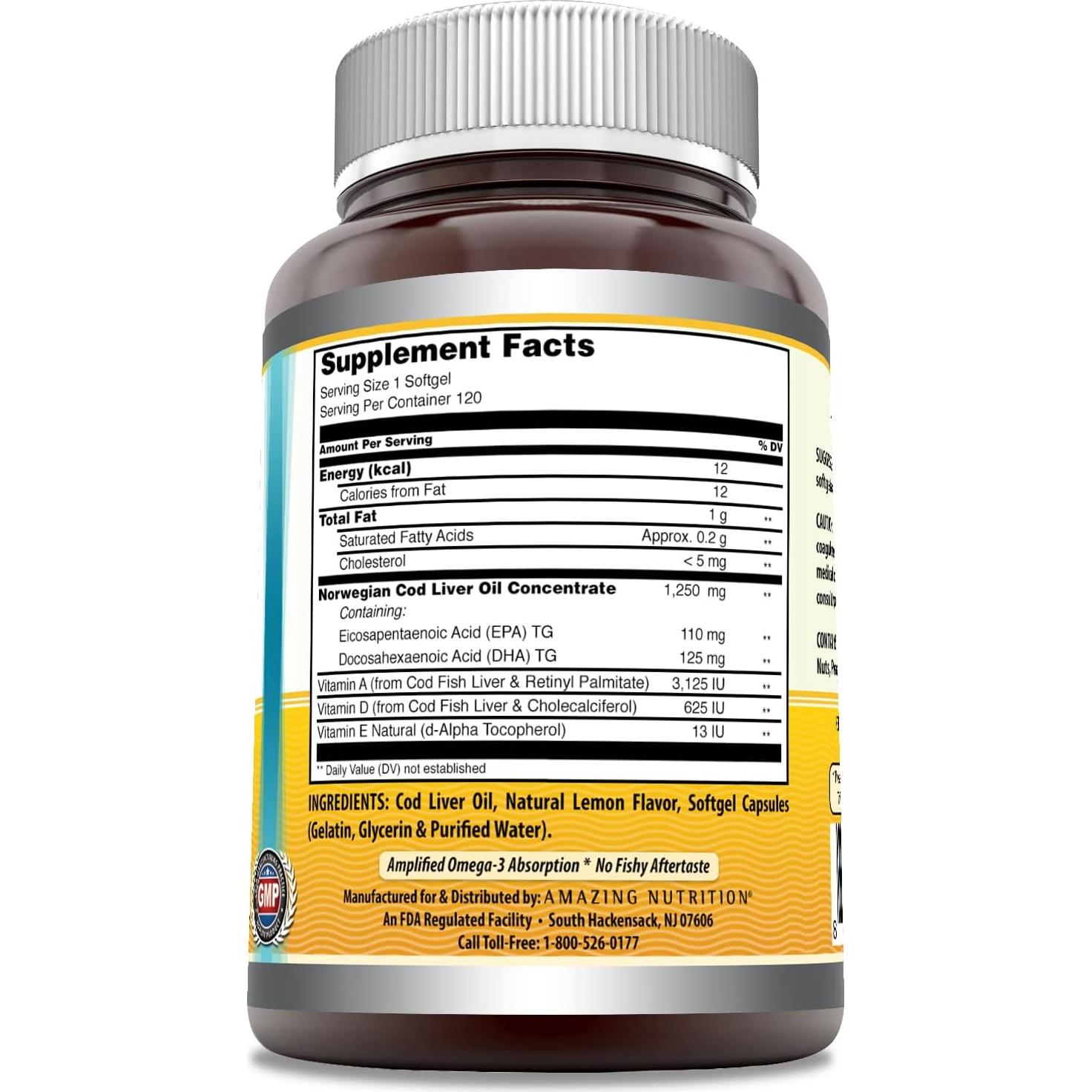 Aceite de Hígado de Bacalao Noruego Amazing Omega 1250 Mg - Limón - 120 Gelatinas