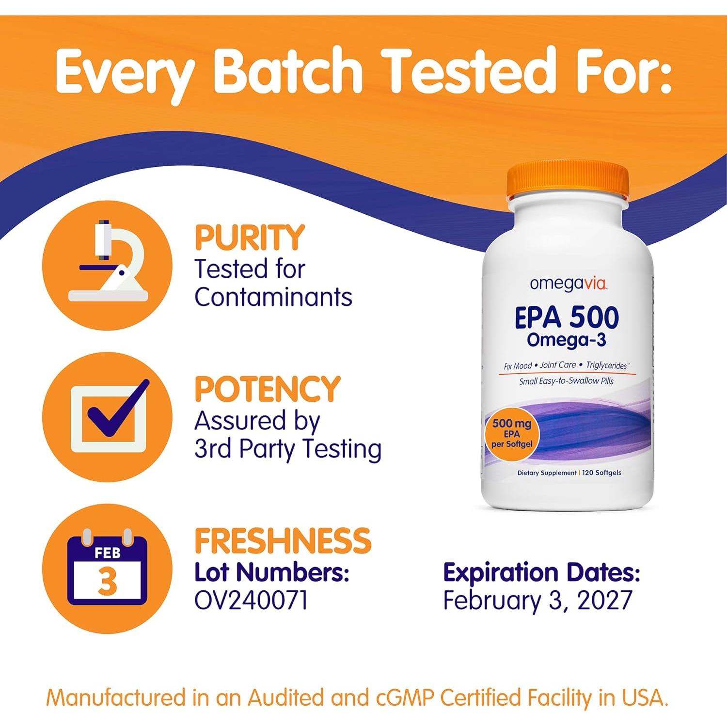 OmegaVia EPA 500 - Suplemento Omega-3 500 mg EPA 120 Cápsulas