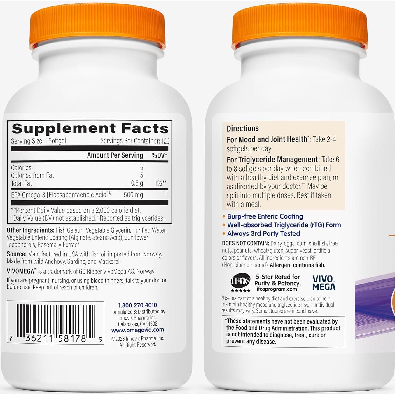 OmegaVia EPA 500 - Suplemento Omega-3 500 mg EPA 120 Cápsulas