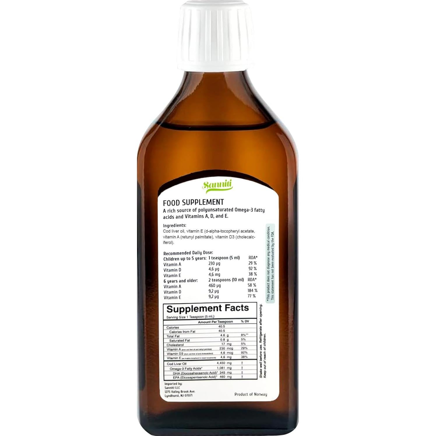 Aceite de Hígado de Bacalao Sanniti 250 mL Sin Sabor Omega-3
