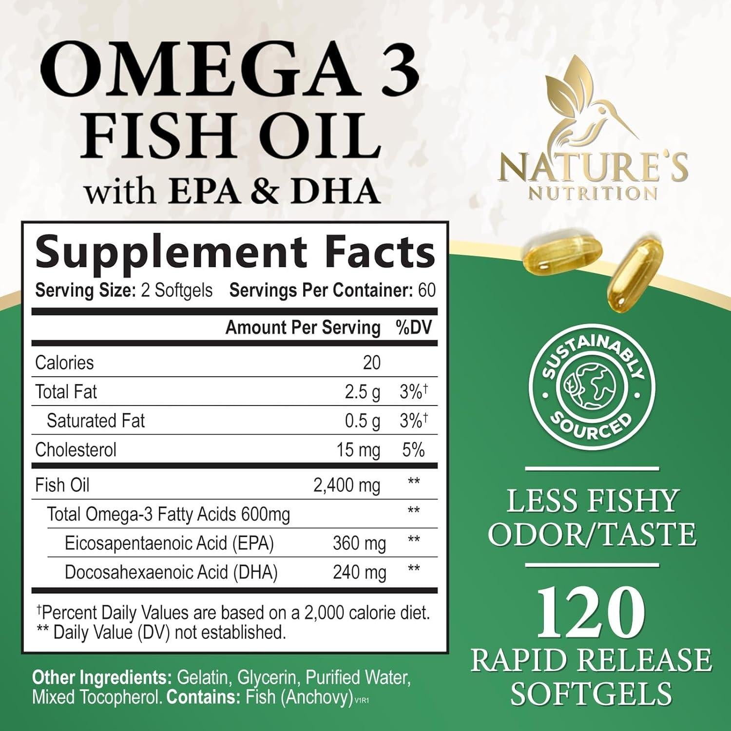 Suplemento Omega 3 Aceite de Pescado Nature's Nutrition 2400 mg - 120 Cápsulas Blandas