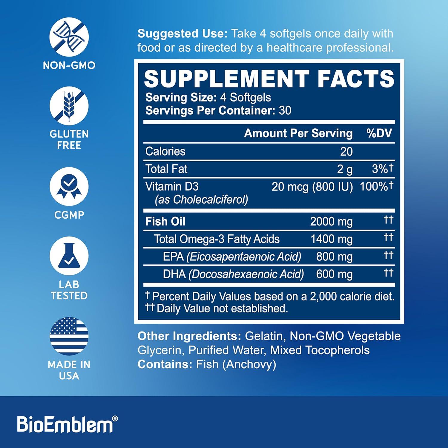 BioEmblem Omega-3 Aceite de Pescado 2000mg 120 Cápsulas Blandas