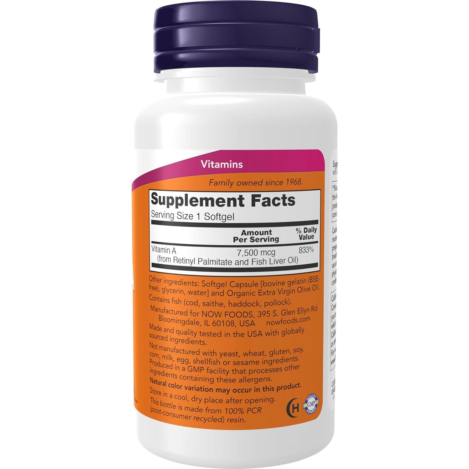 Vitamina A NOW 250 Gelatinas Blandas 25,000 UI Salud Ocular