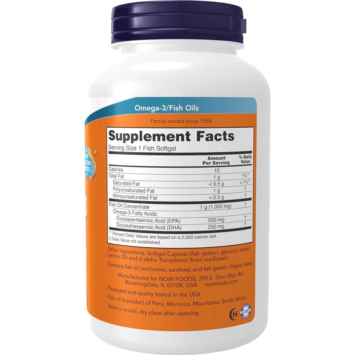 Suplemento Omega-3 NOW Foods 1000 mg 500 EPA 250 DHA 180 Cápsulas