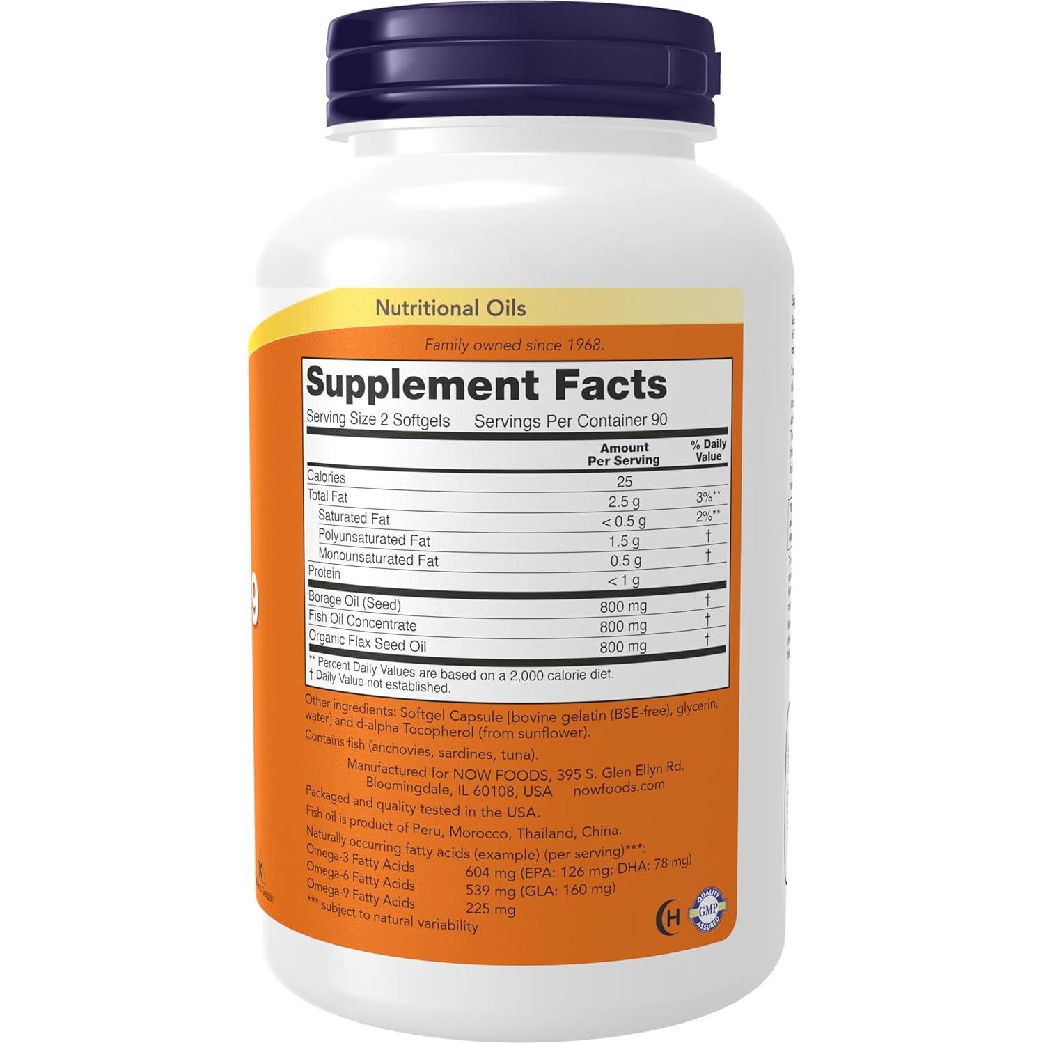 Suplemento Omega 3-6-9 NOW Foods 1200 mg 180 Cápsulas Blandas