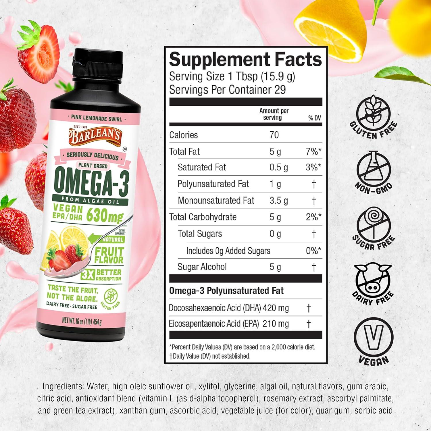 Suplemento Vegano Omega 3 Barlean's 473 ml Limón Rosa