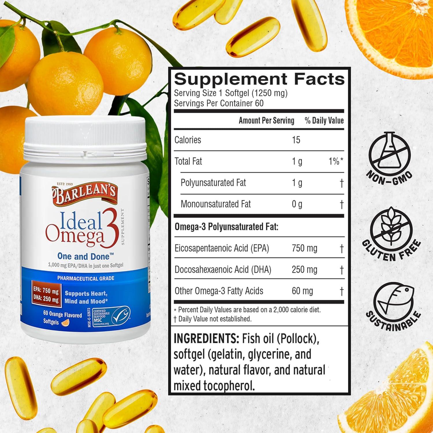 Suplemento Omega 3 Barlean's 1000 mg 60 Cápsulas Blandas Naranja