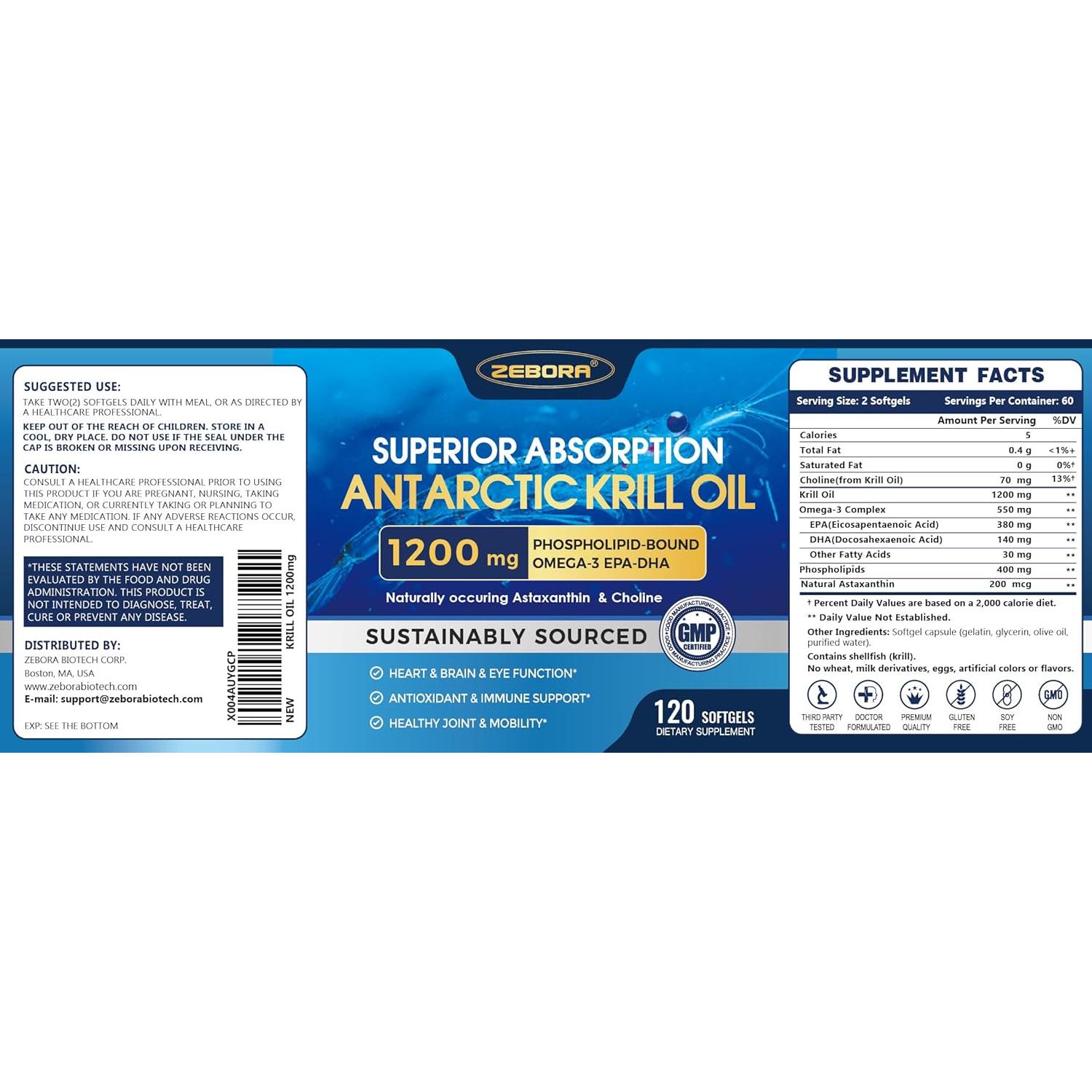 Suplemento de Aceite de Krill ZEBORA 1200 mg Omega 3 120 Cápsulas