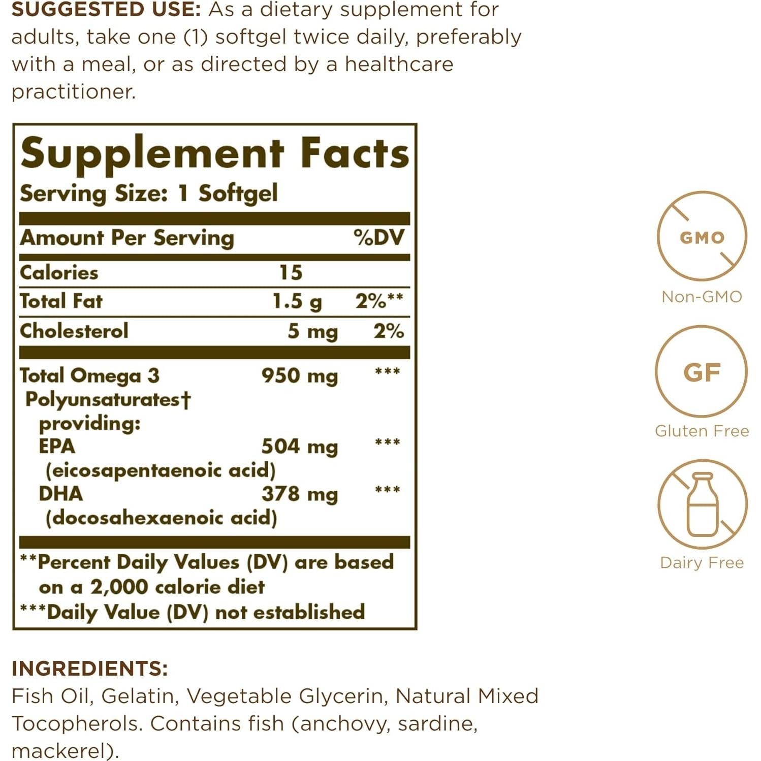 Solgar Omega 3 Triple Fuerza 950 mg - 300 Softgels - Salud Articulaciones y Piel