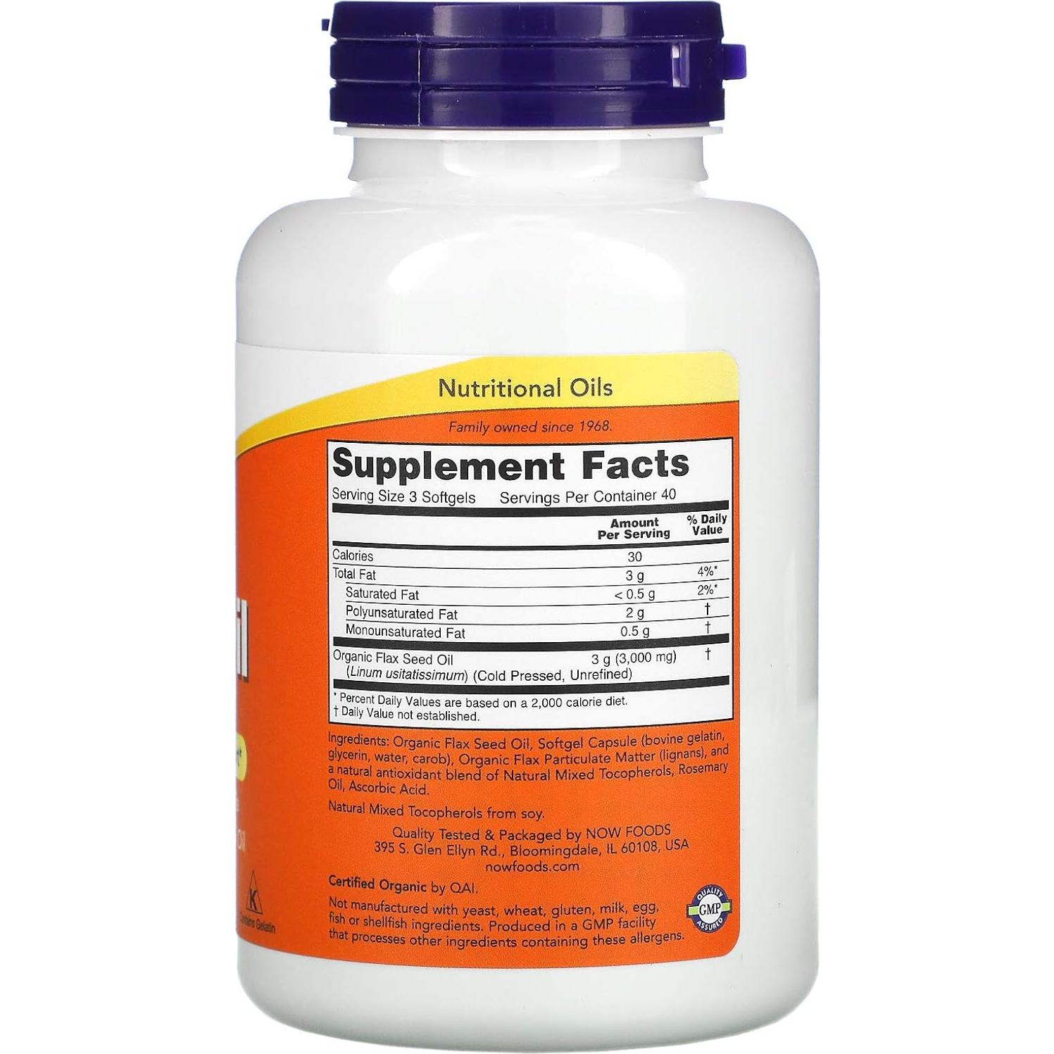 Aceite de Linaza Orgánico NOW 1000 mg 120 Gelatinas Blandas