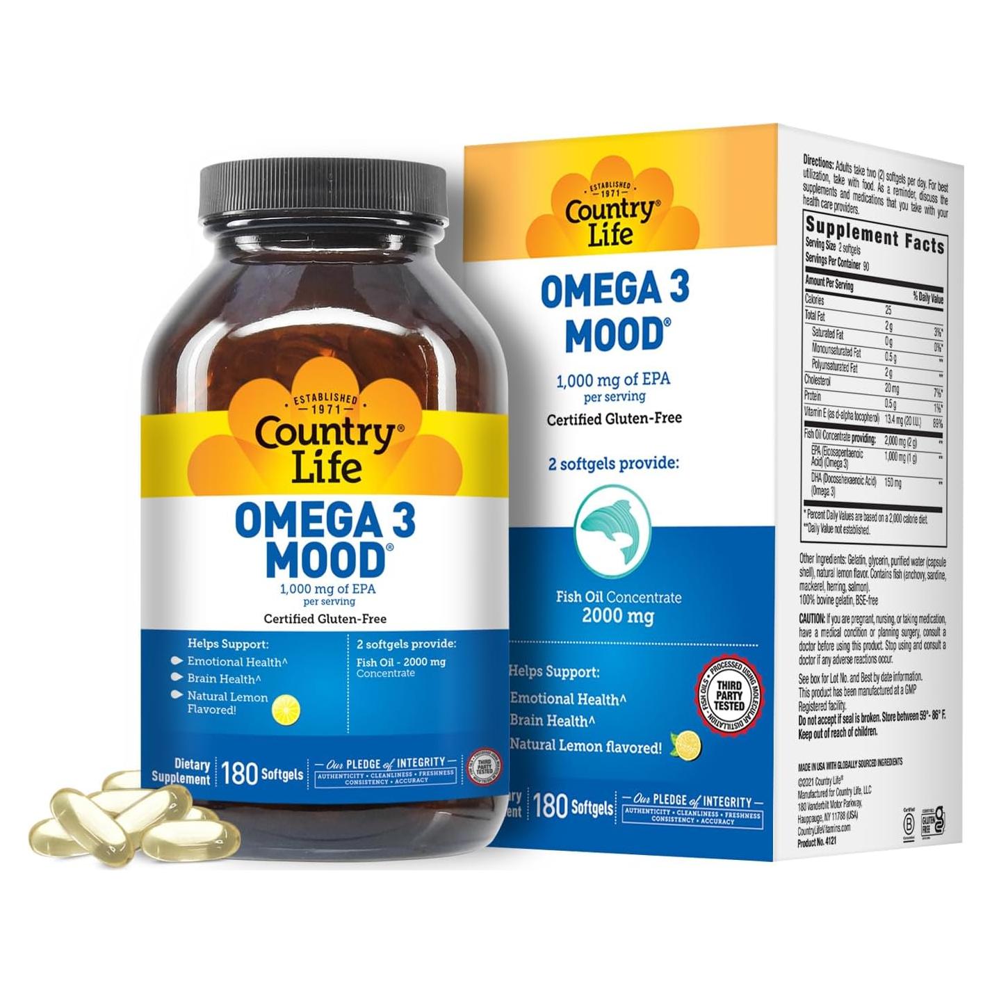 Suplemento Omega 3 Country Life 2000mg EPA DHA 180 Cápsulas