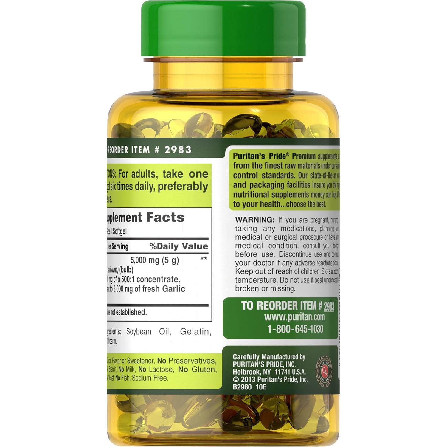 Suplemento Dietético Ajo Puritan's Pride 5000mg 250 Cápsulas