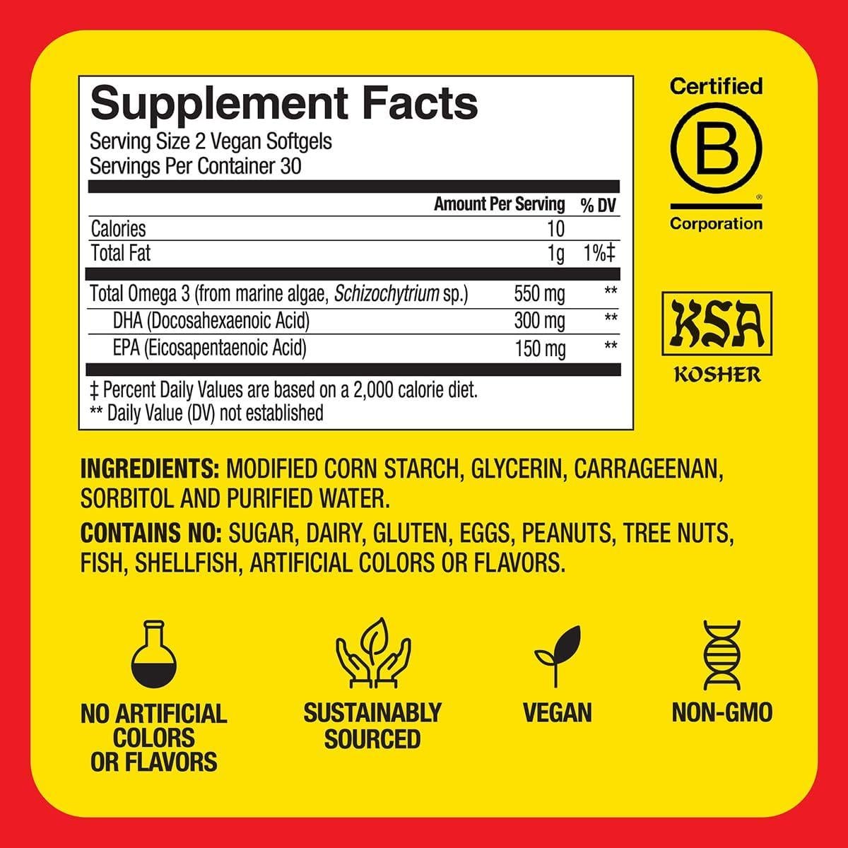 Cápsulas Omega-3 Bragg Veganas 60 Gelatinas DHA EPA 450mg