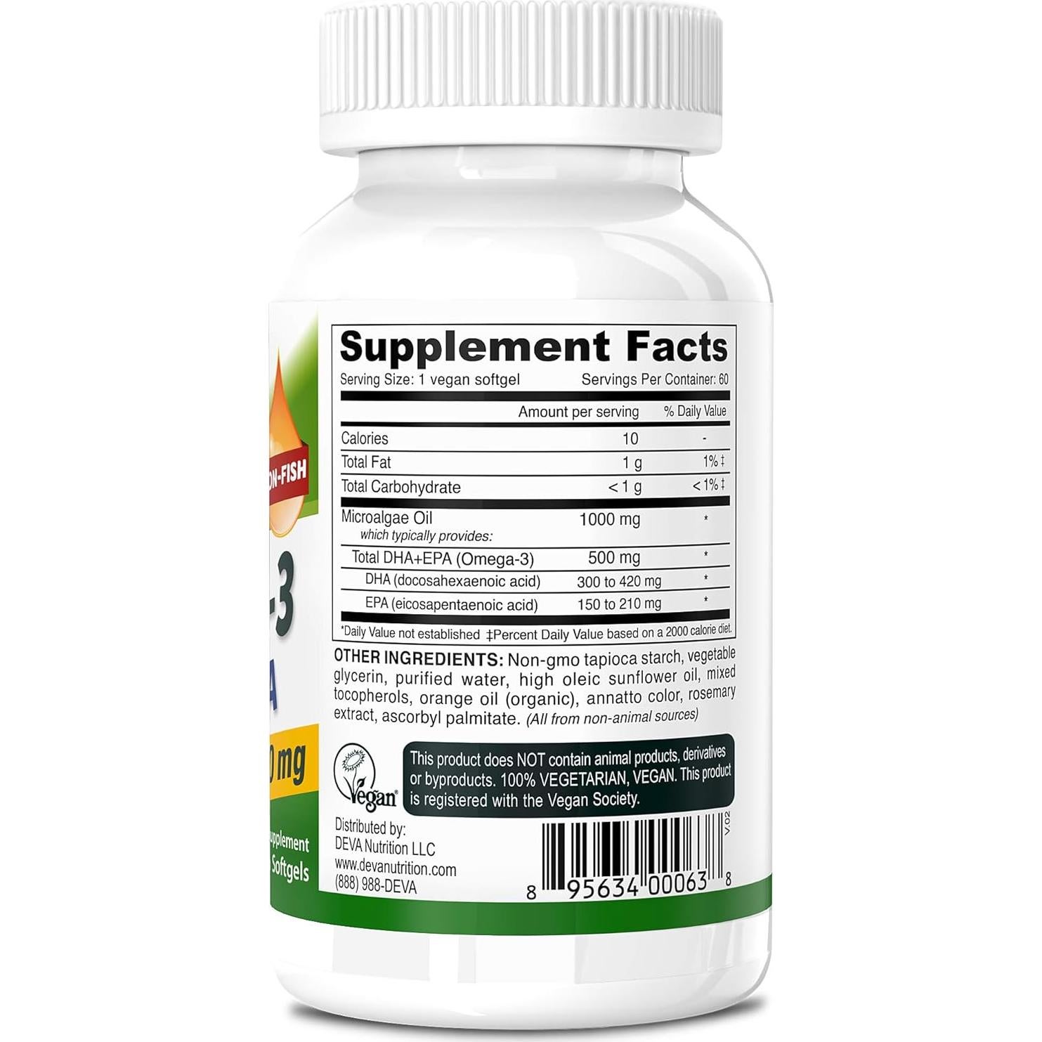 DEVA Omega-3 DHA-EPA Vegano 500mg 60 Cápsulas Blandas
