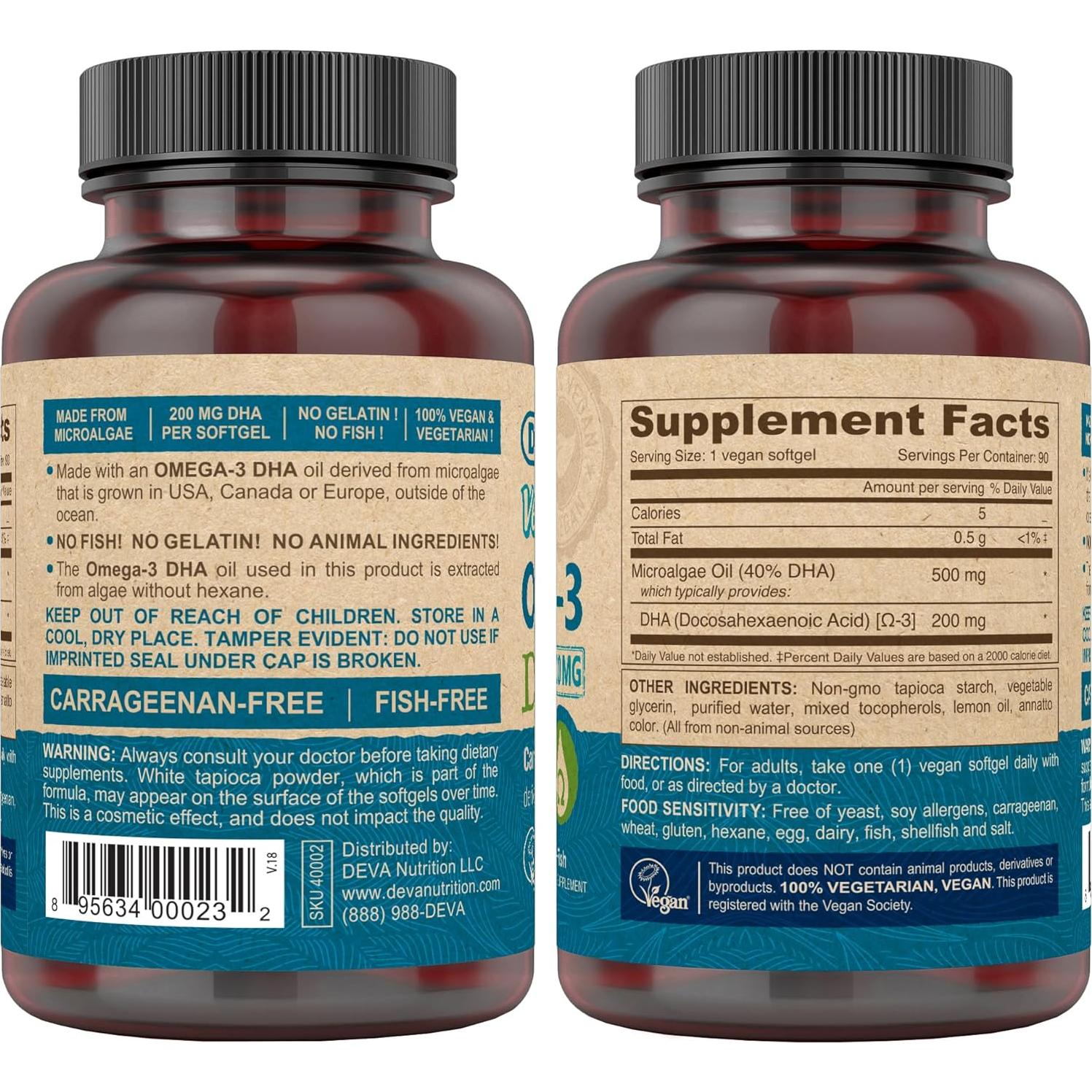 Suplemento Vegano Omega-3 DHA DEVA 200 mg - 90 Softgels