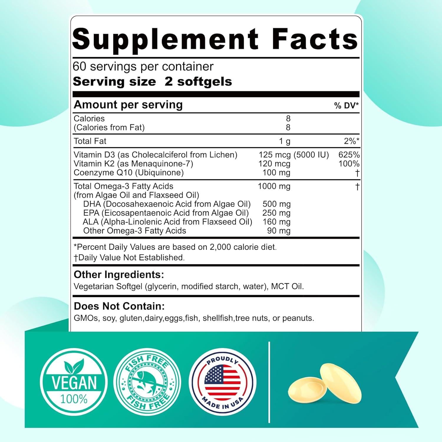 Suplemento Vegano Omega 3 DHA EPA ALA 1000mg 120 Cápsulas