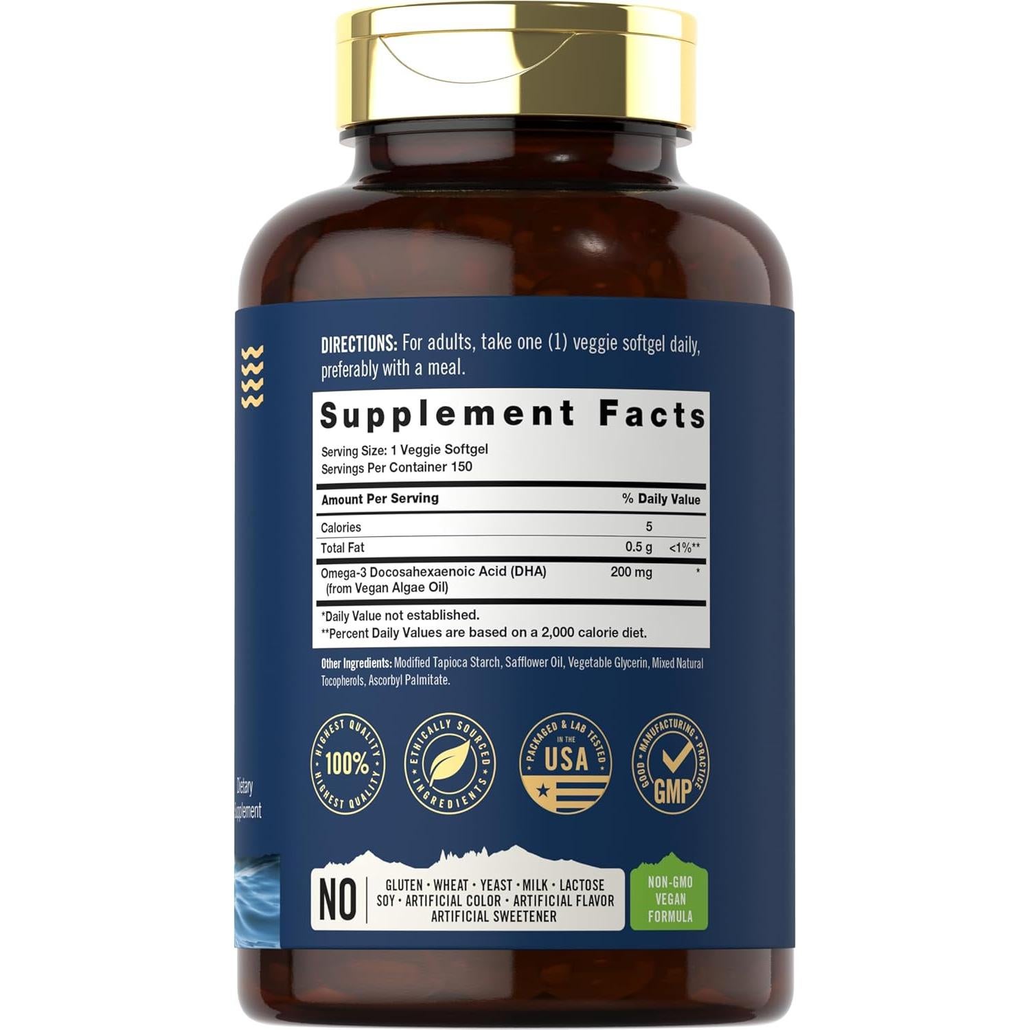 Suplemento Vegano Omega 3 Tahoe Nutritionals | 150 Gelatinas Blandas | 200 mg DHA de Aceite de Algas