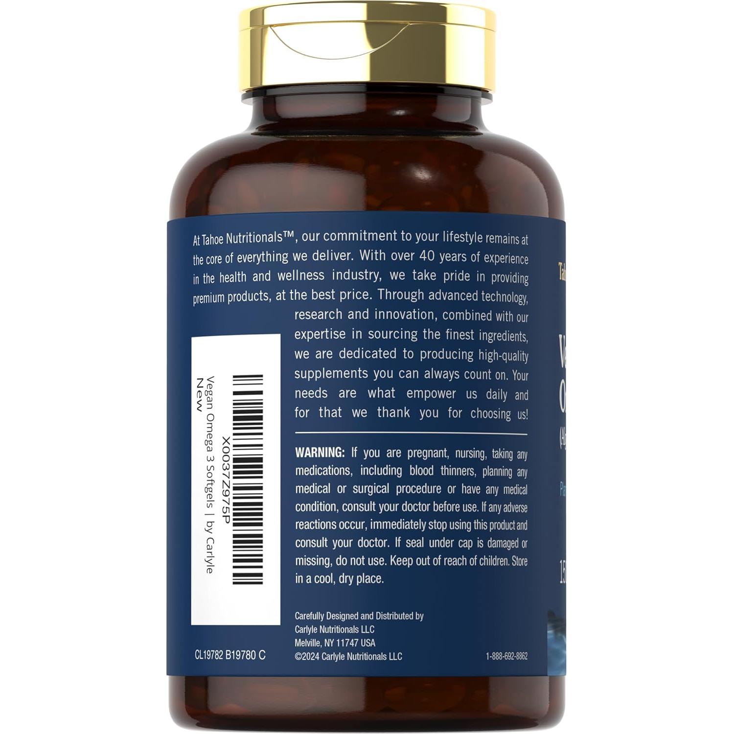 Suplemento Vegano Omega 3 Tahoe Nutritionals | 150 Gelatinas Blandas | 200 mg DHA de Aceite de Algas