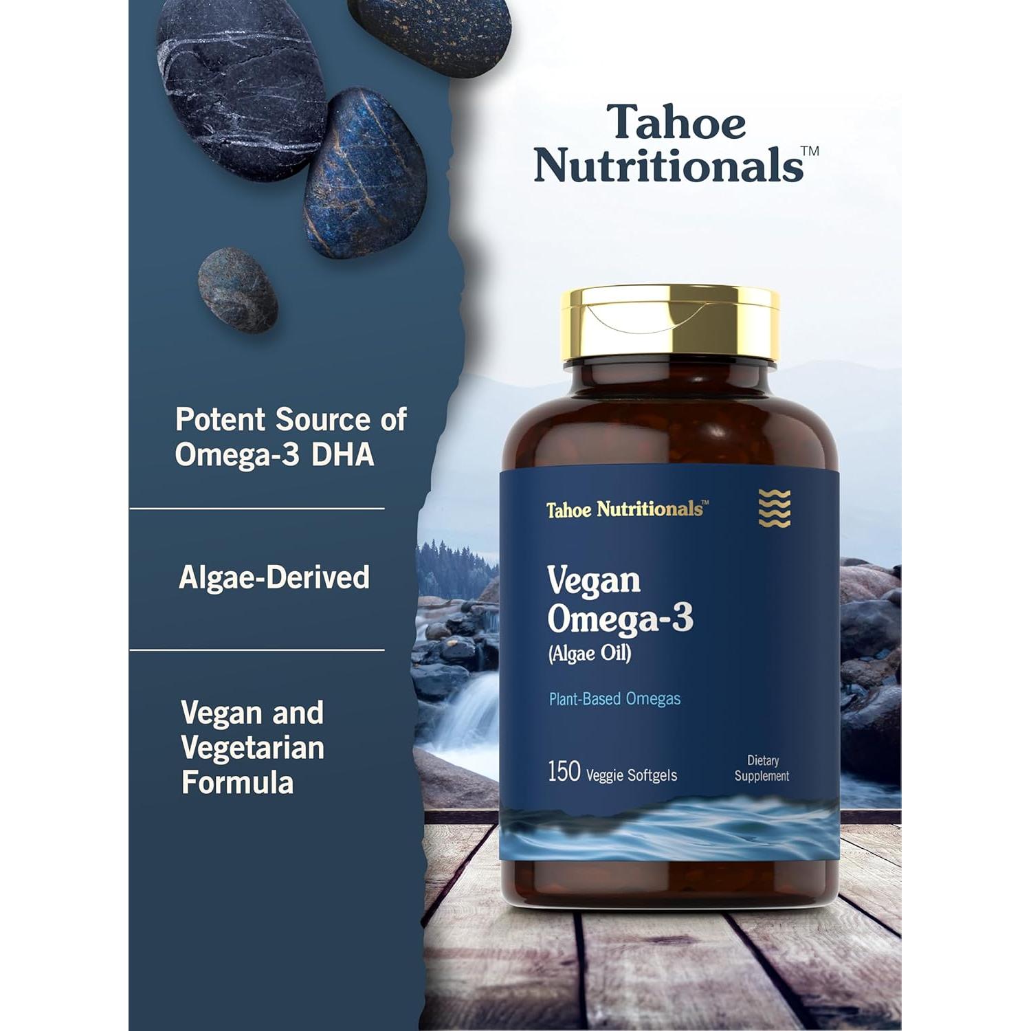 Suplemento Vegano Omega 3 Tahoe Nutritionals | 150 Gelatinas Blandas | 200 mg DHA de Aceite de Algas
