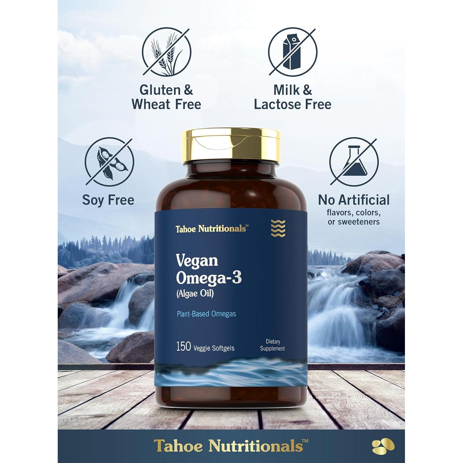 Suplemento Vegano Omega 3 Tahoe Nutritionals | 150 Gelatinas Blandas | 200 mg DHA de Aceite de Algas