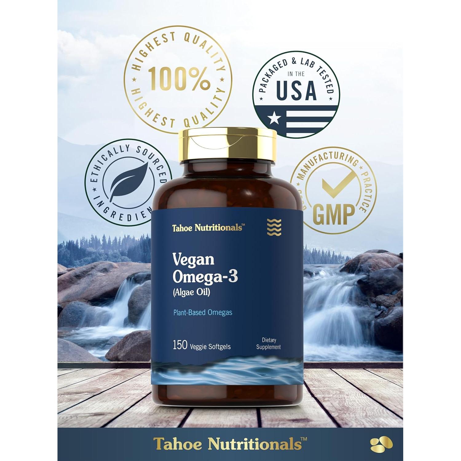 Suplemento Vegano Omega 3 Tahoe Nutritionals | 150 Gelatinas Blandas | 200 mg DHA de Aceite de Algas