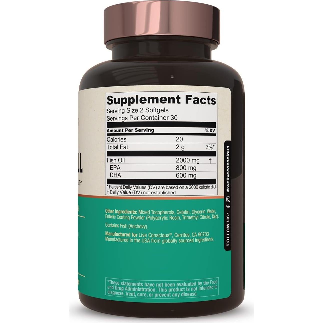 Aceite de Pescado Omega-3 Live Conscious 120 Cápsulas 800 mg EPA