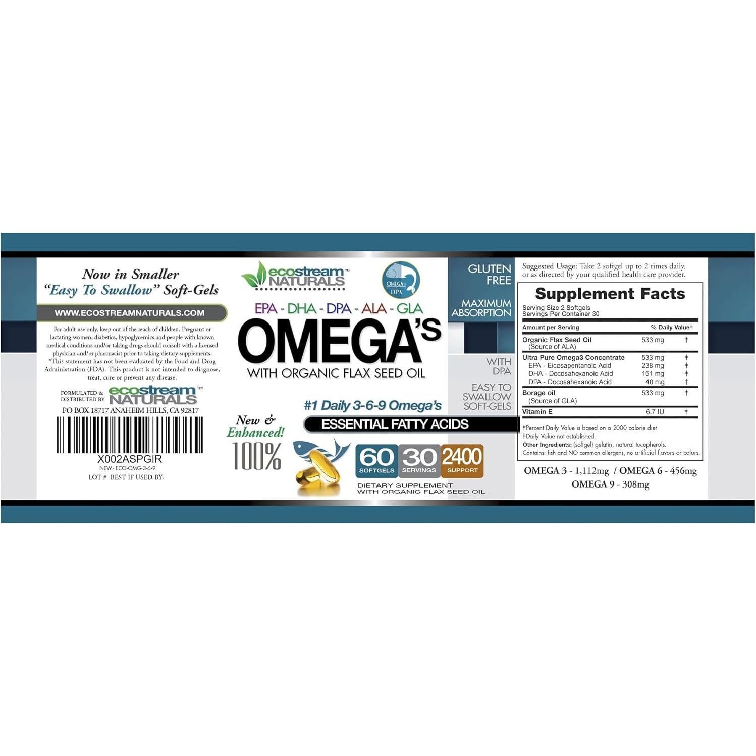 Mezcla Omega 3-6-9 Ecostream Naturals 60 Gelatinas Blandas