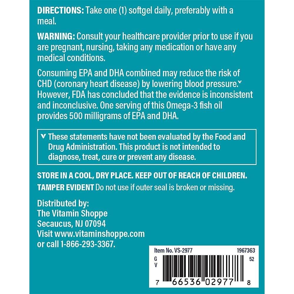 Aceite de Pescado Omega 3 The Vitamin Shoppe 500mg 240 Cápsulas