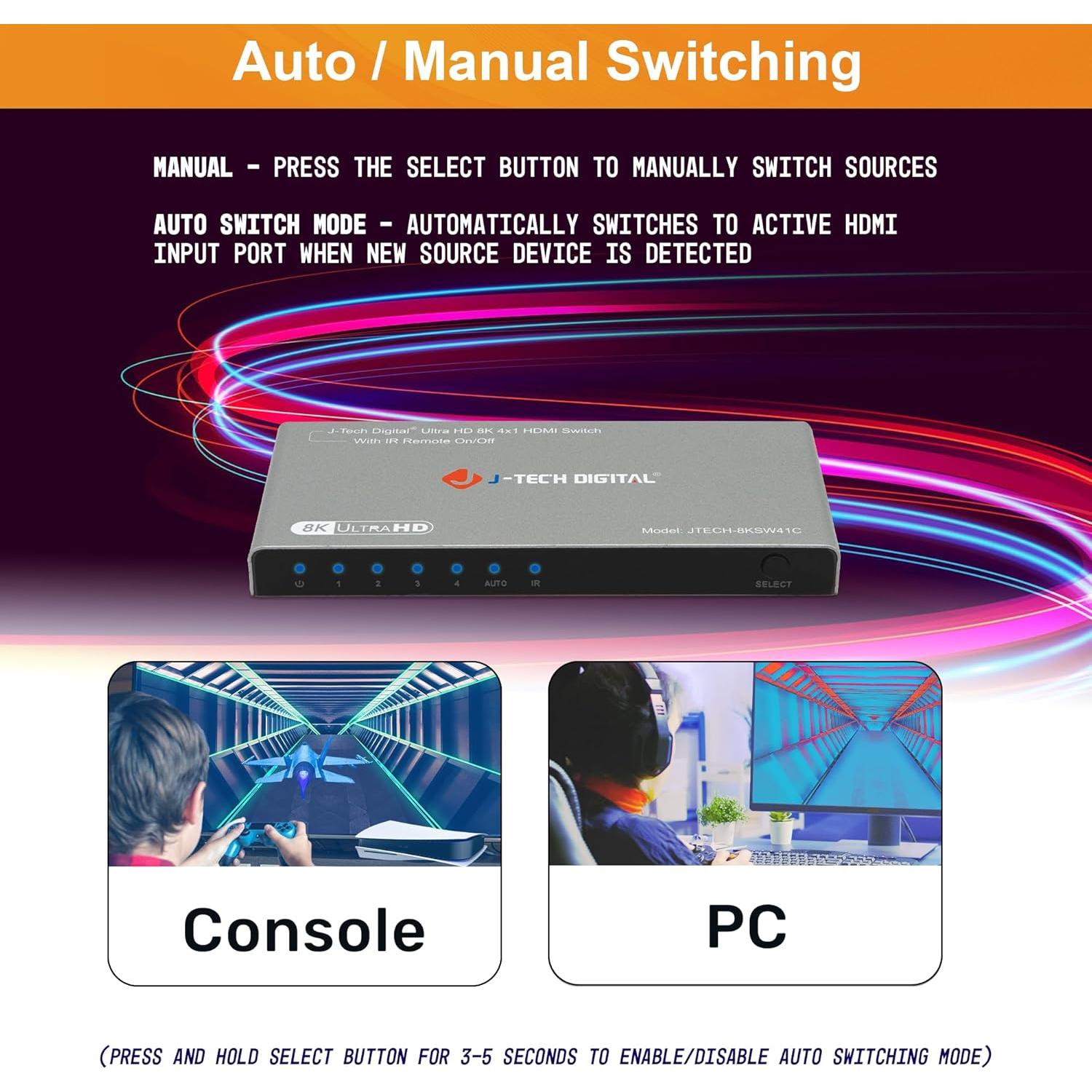 Switch HDMI 4K 120Hz J-Tech Digital 4 en 1 Automático