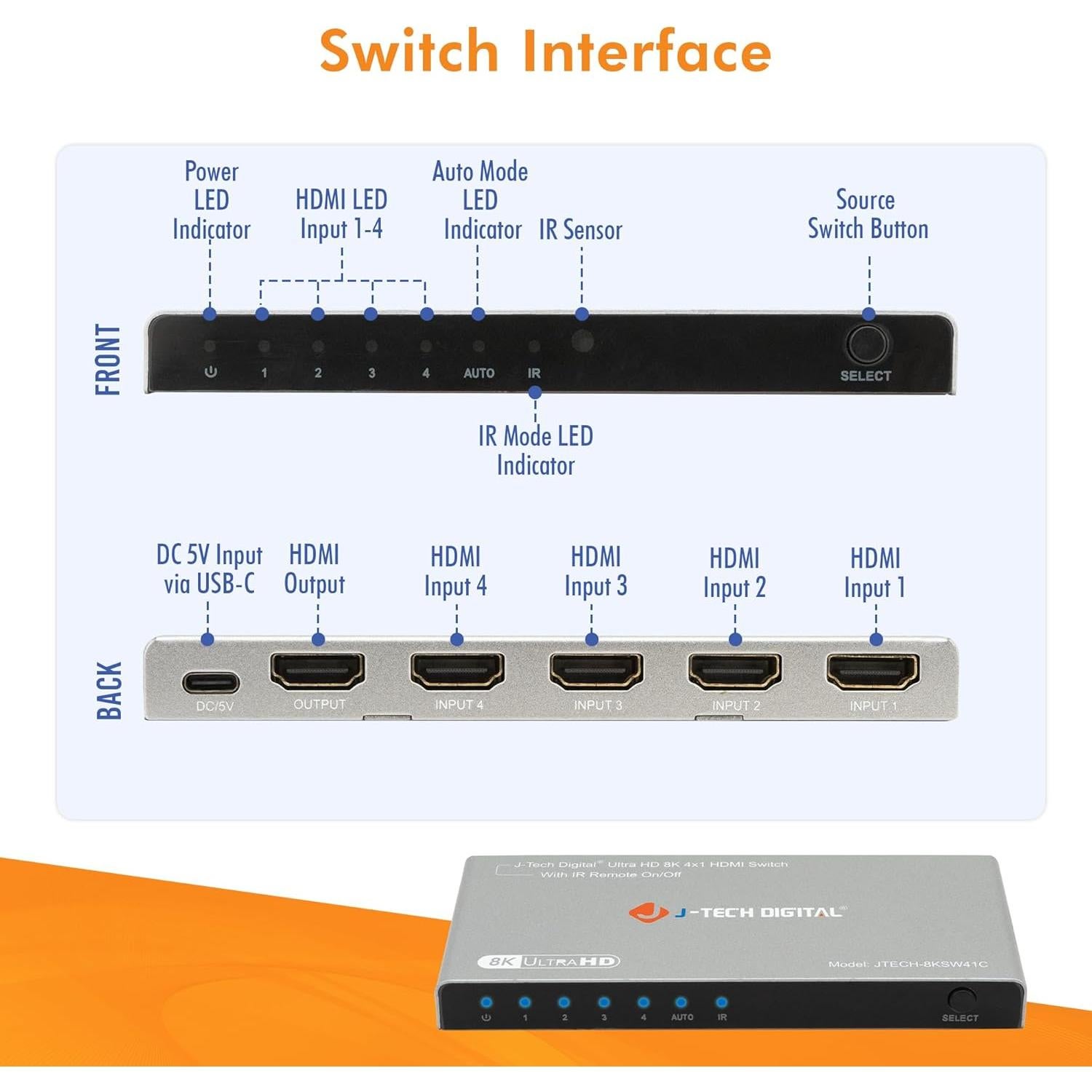 Switch HDMI 4K 120Hz J-Tech Digital 4 en 1 Automático