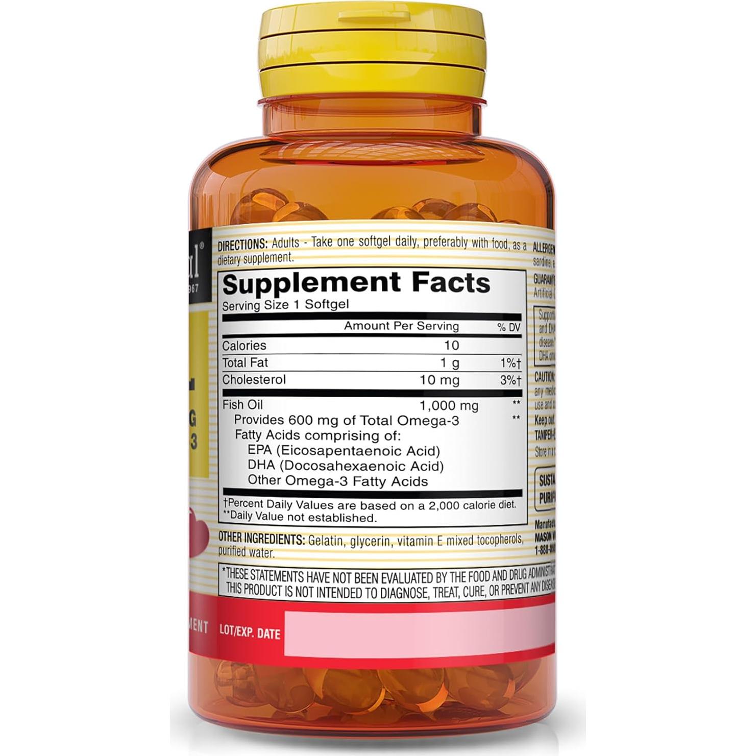 Aceite de Pescado 1000mg Mason Vitamins Omega-3 30 Cápsulas