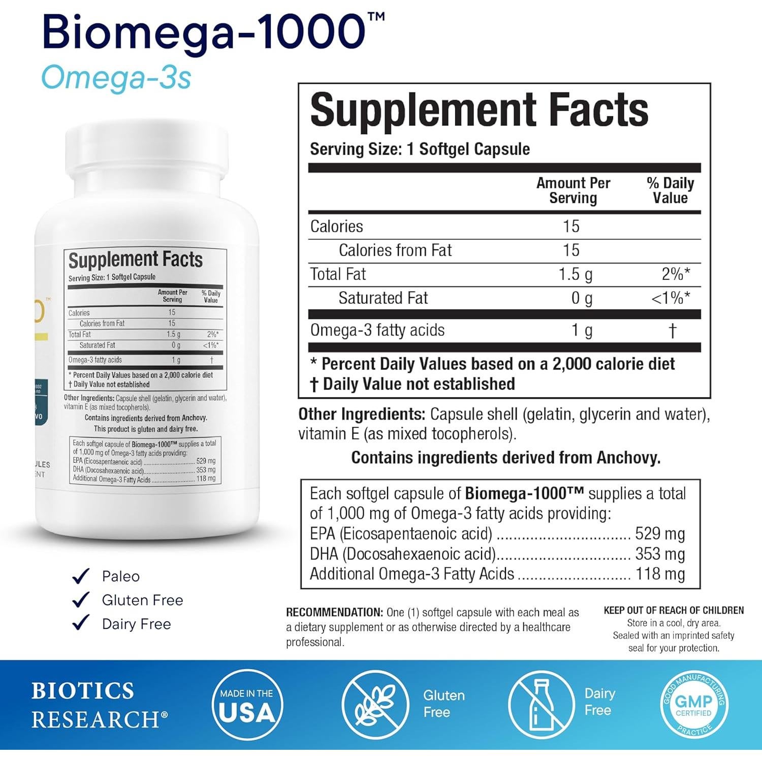 Biotics Research Biomega-1000 Omega 3 Aceite de Pescado 1000 mg - 90 Cápsulas