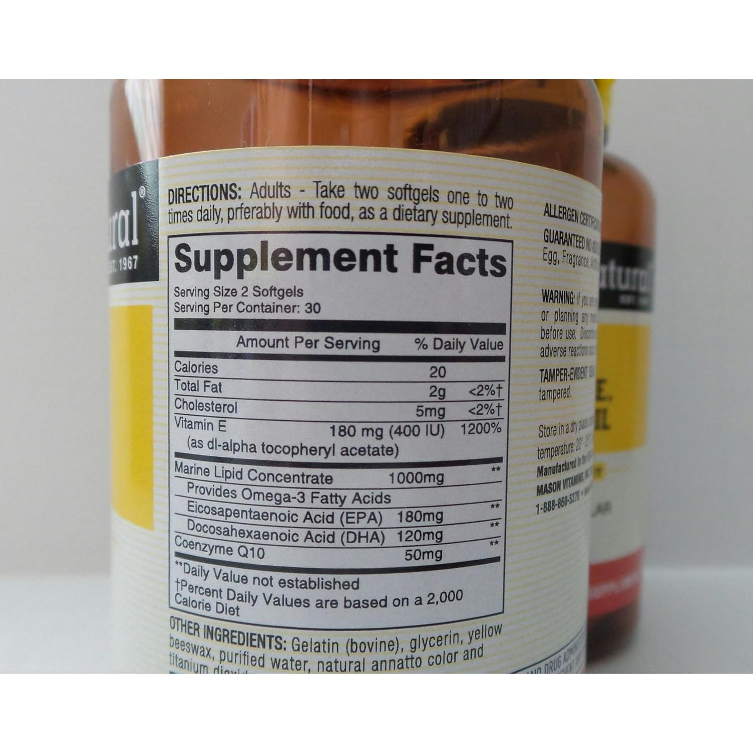 Trío del Corazón Mason Natural CoQ10 Vitamina E Omega-3 180 Cápsulas