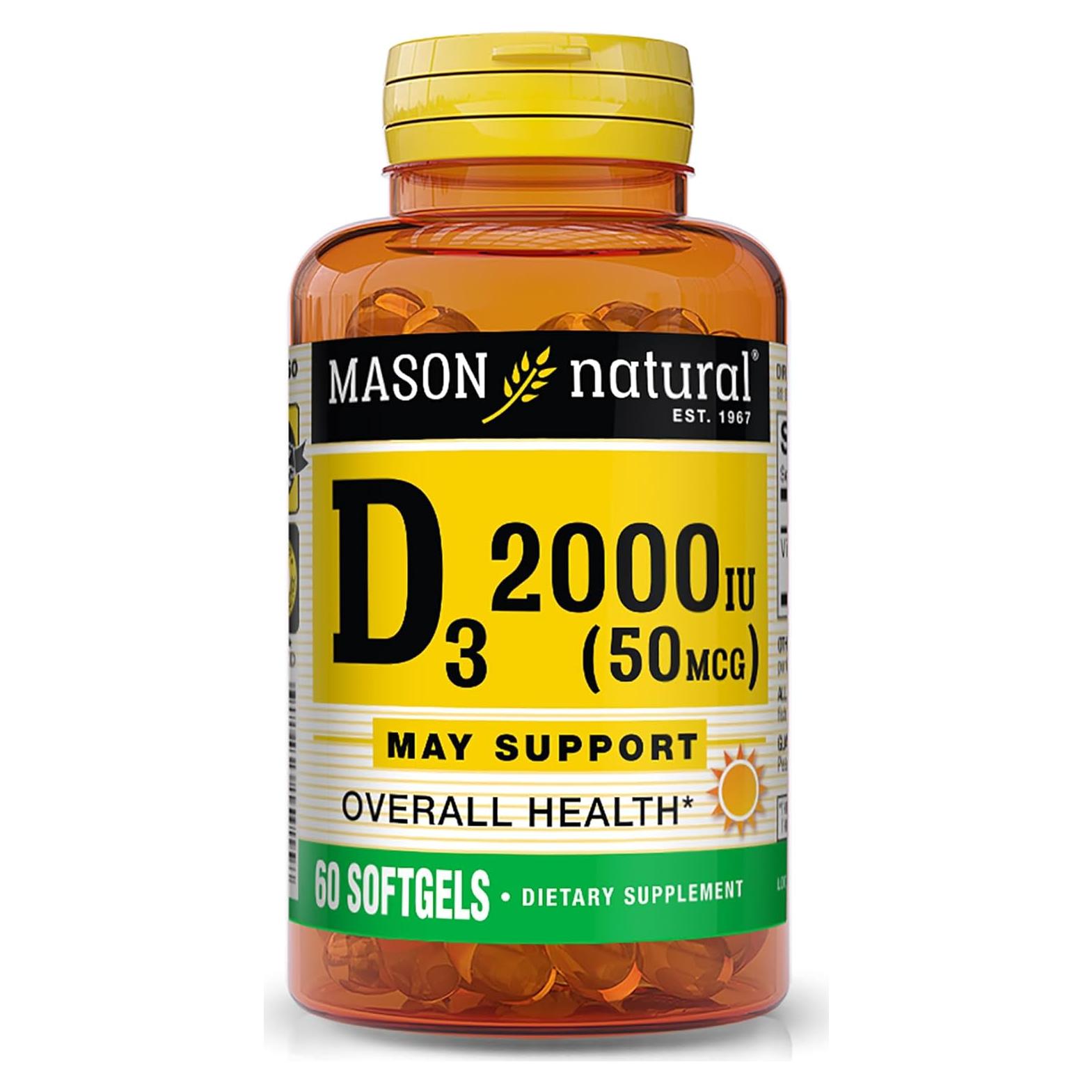 Vitamina D3 50 mcg Mason Natural - 60 Gelatinas Blandas