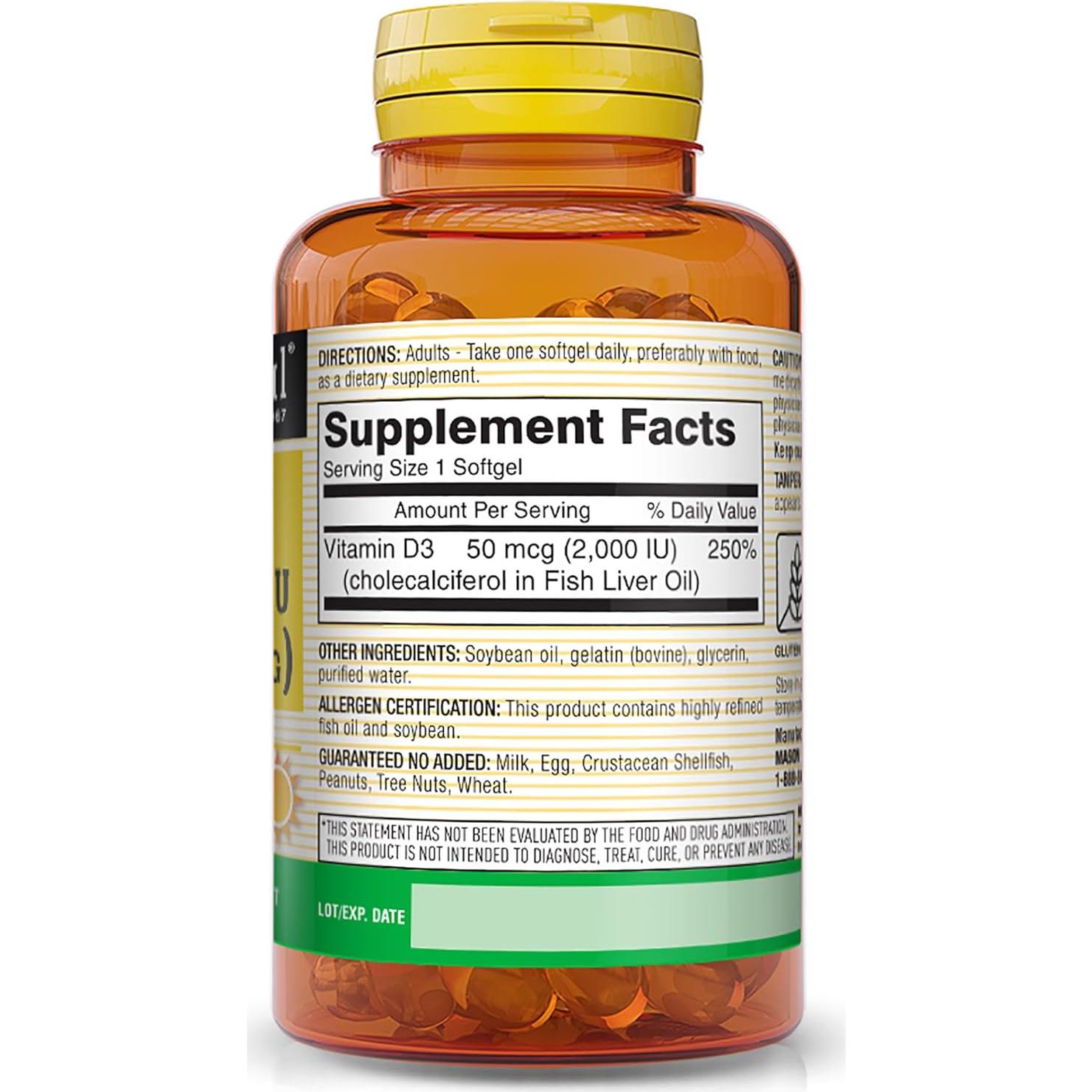 Vitamina D3 50 mcg Mason Natural - 60 Gelatinas Blandas