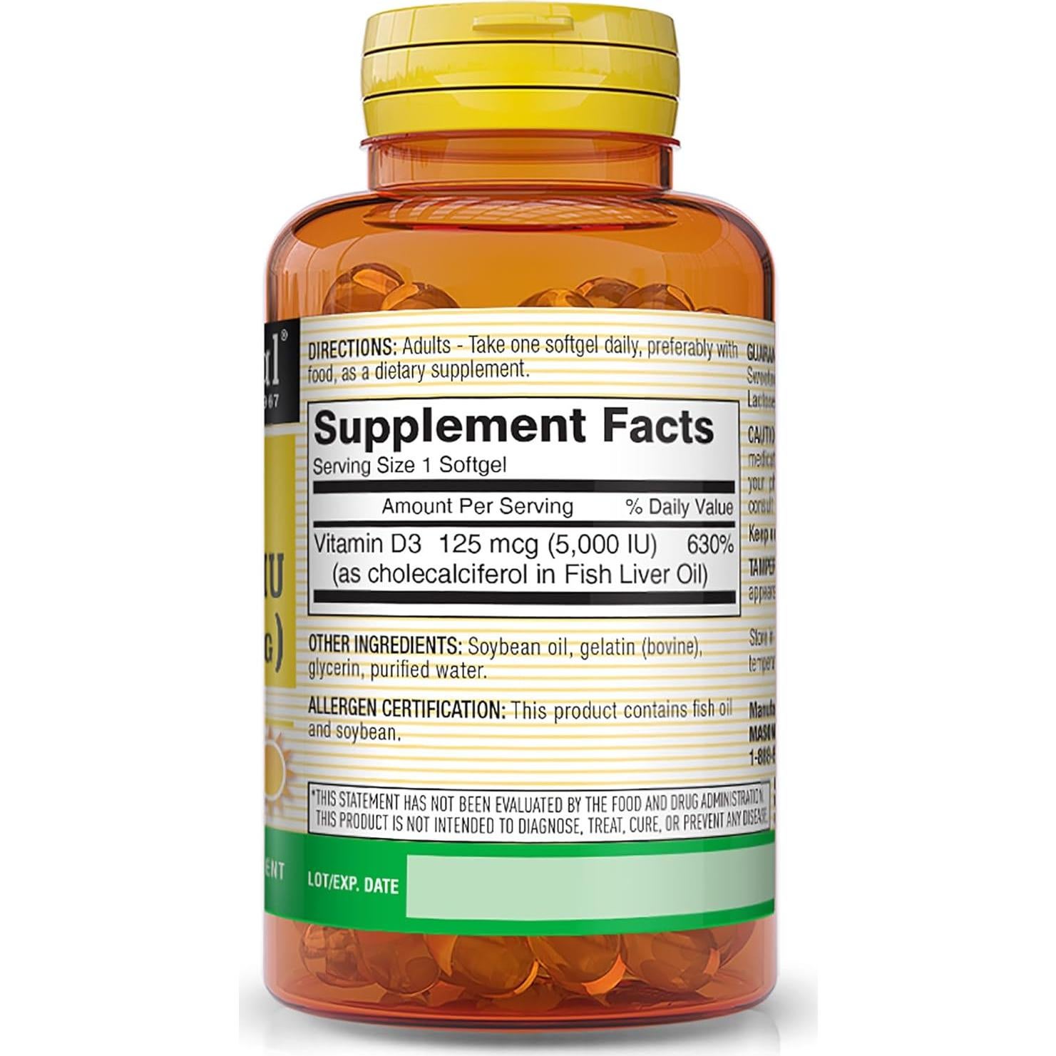 Vitamina D3 125 mcg Mason Natural 100 Cápsulas Blandas