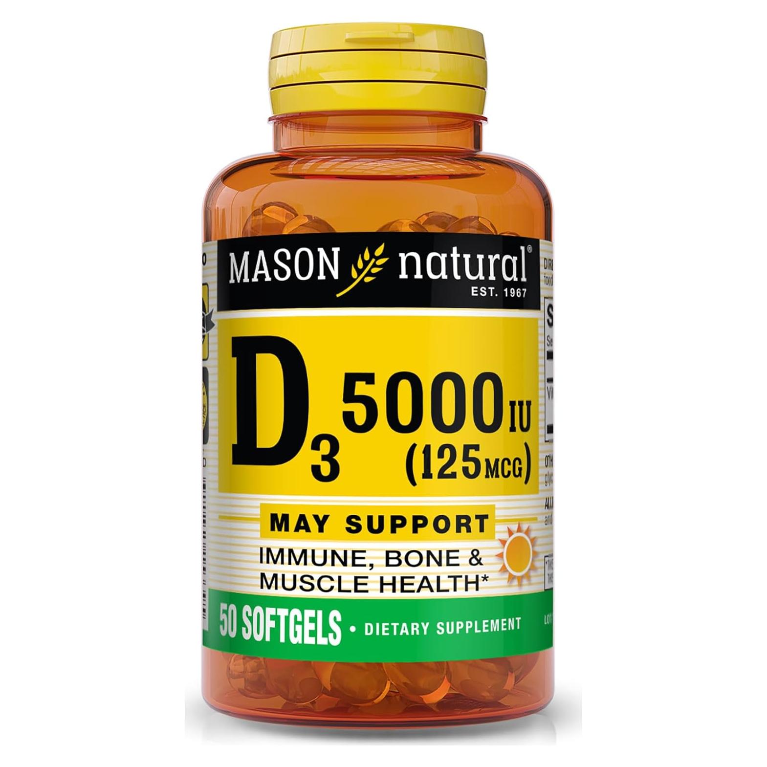 Vitamina D3 125 mcg Mason Natural 5000 UI 50 Cápsulas Blandas