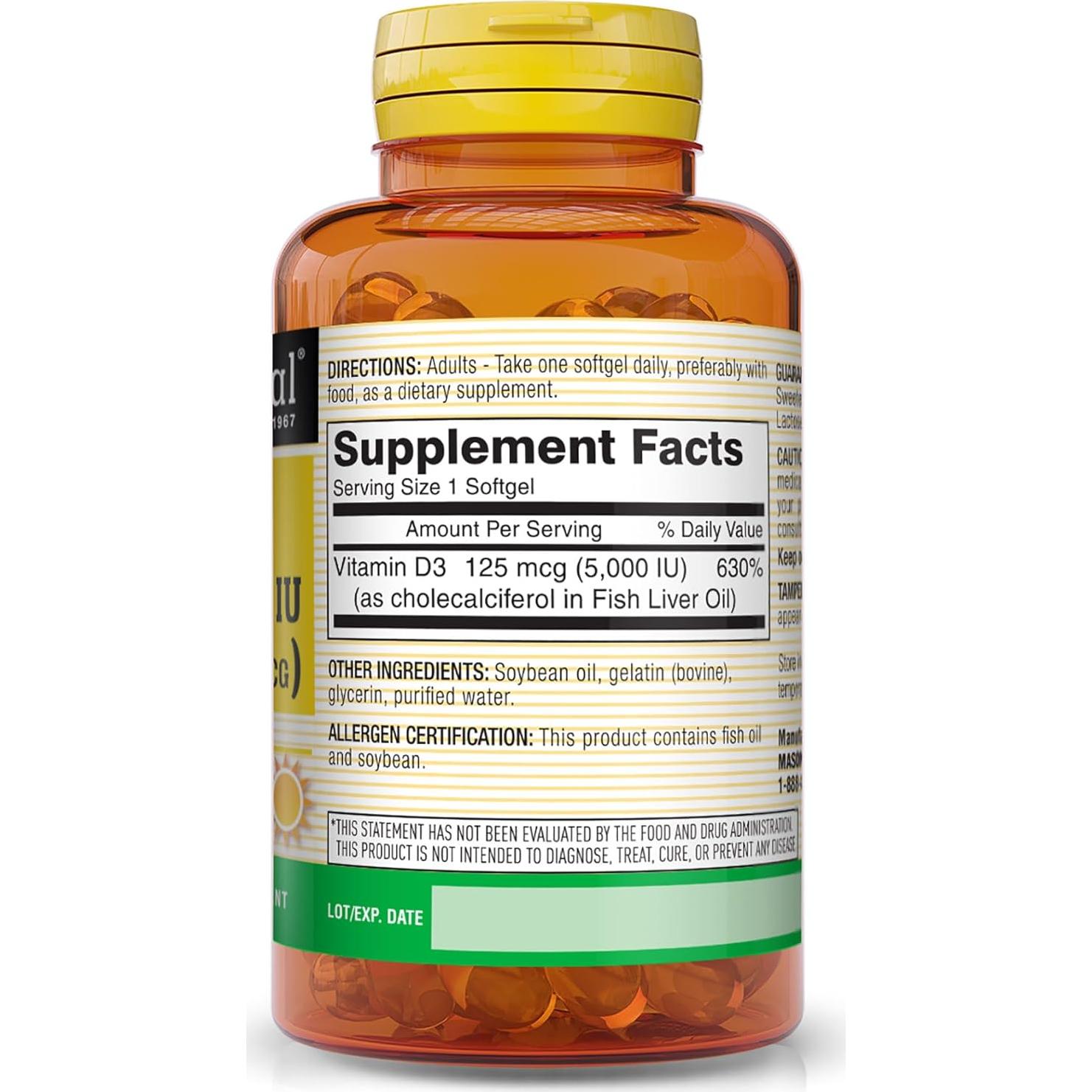 Vitamina D3 125 mcg Mason Natural 5000 UI 50 Cápsulas Blandas