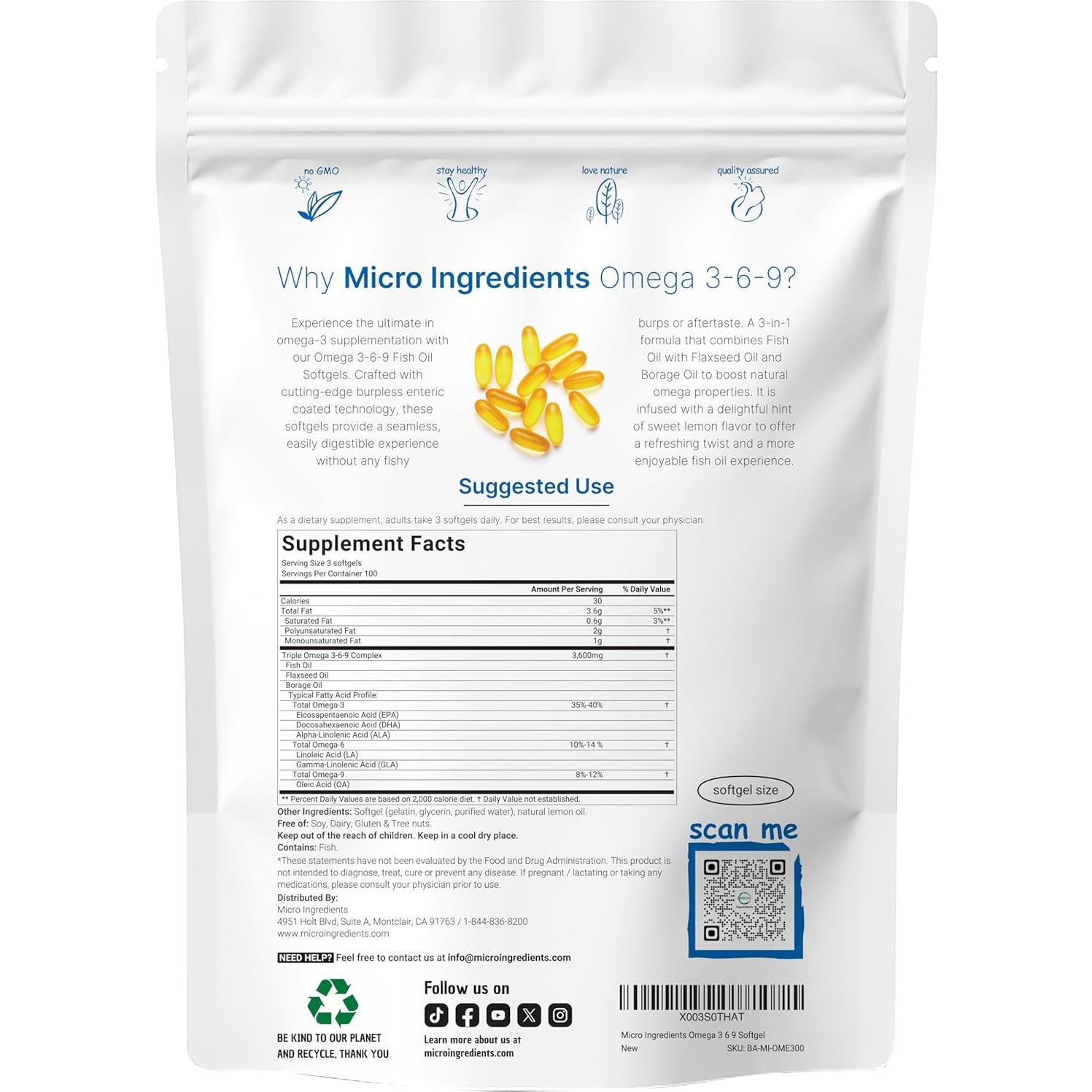 Omega 3-6-9 Micro Ingredients 3600mg 300 Gelatinas Blandas Limón