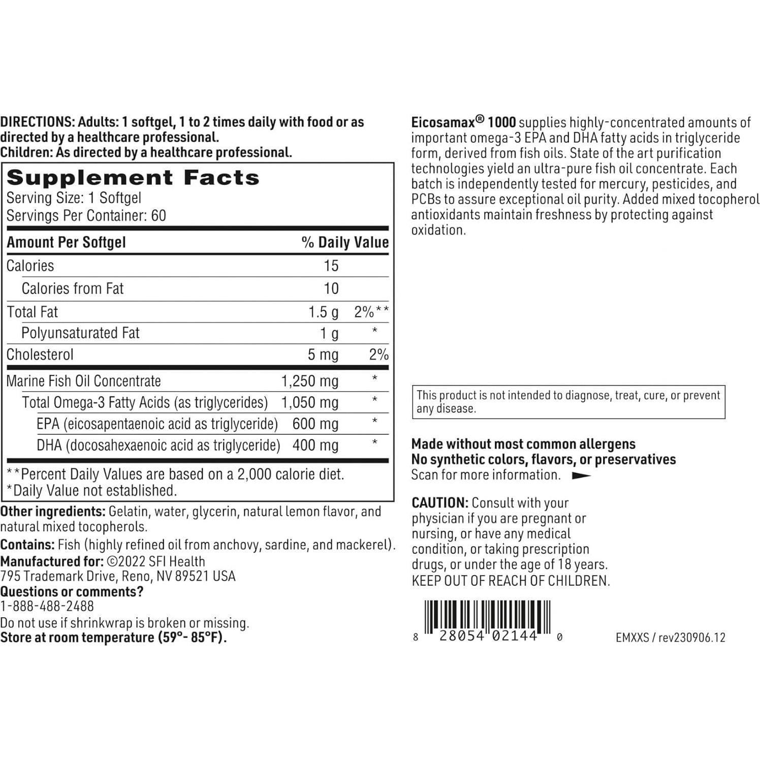 Klaire Labs Eicosamax 1000 TG Aceite de Pescado Omega-3 60 Gelatinas