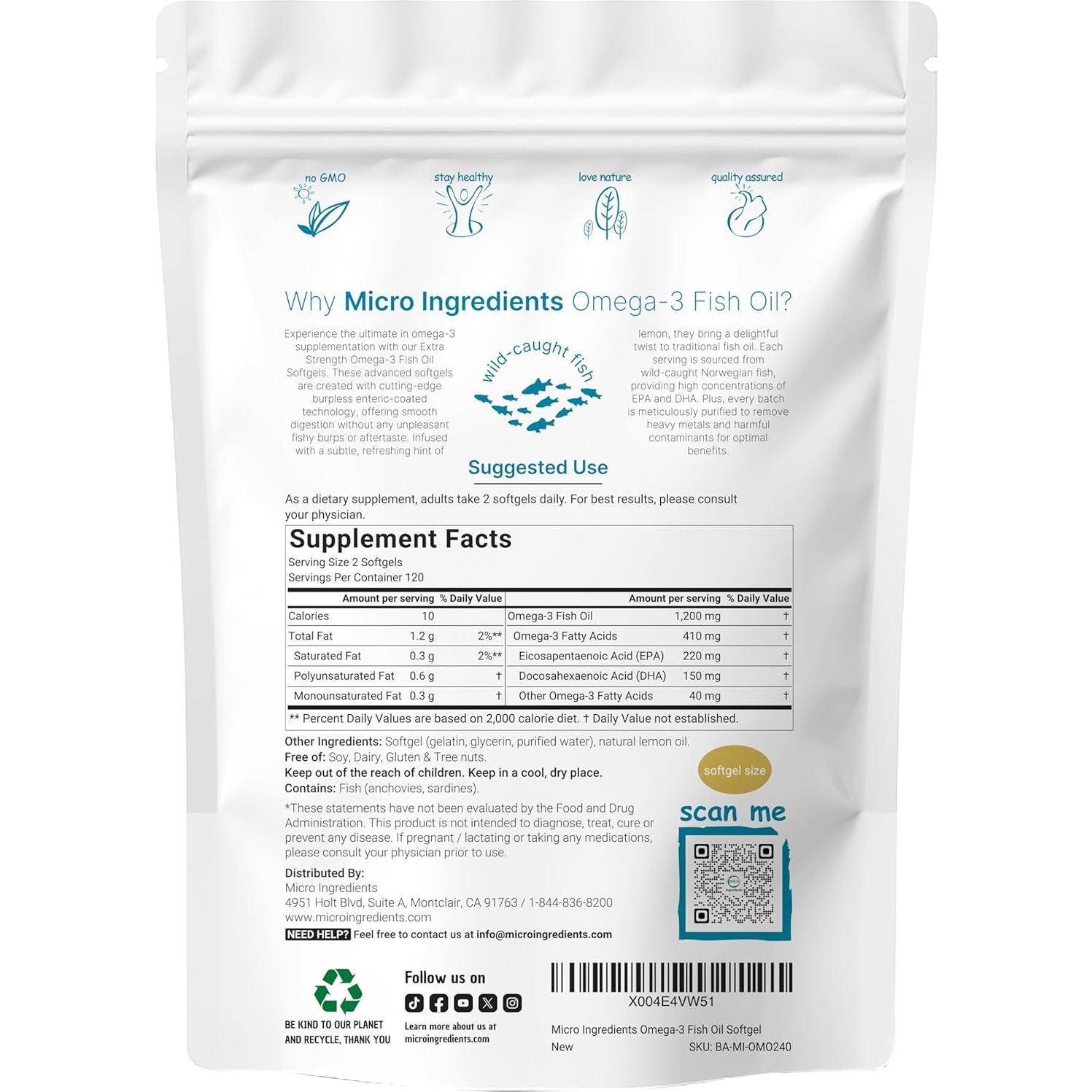 Suplemento Omega 3 Micro Ingredients 1200mg 240 Gelatinas Blandas