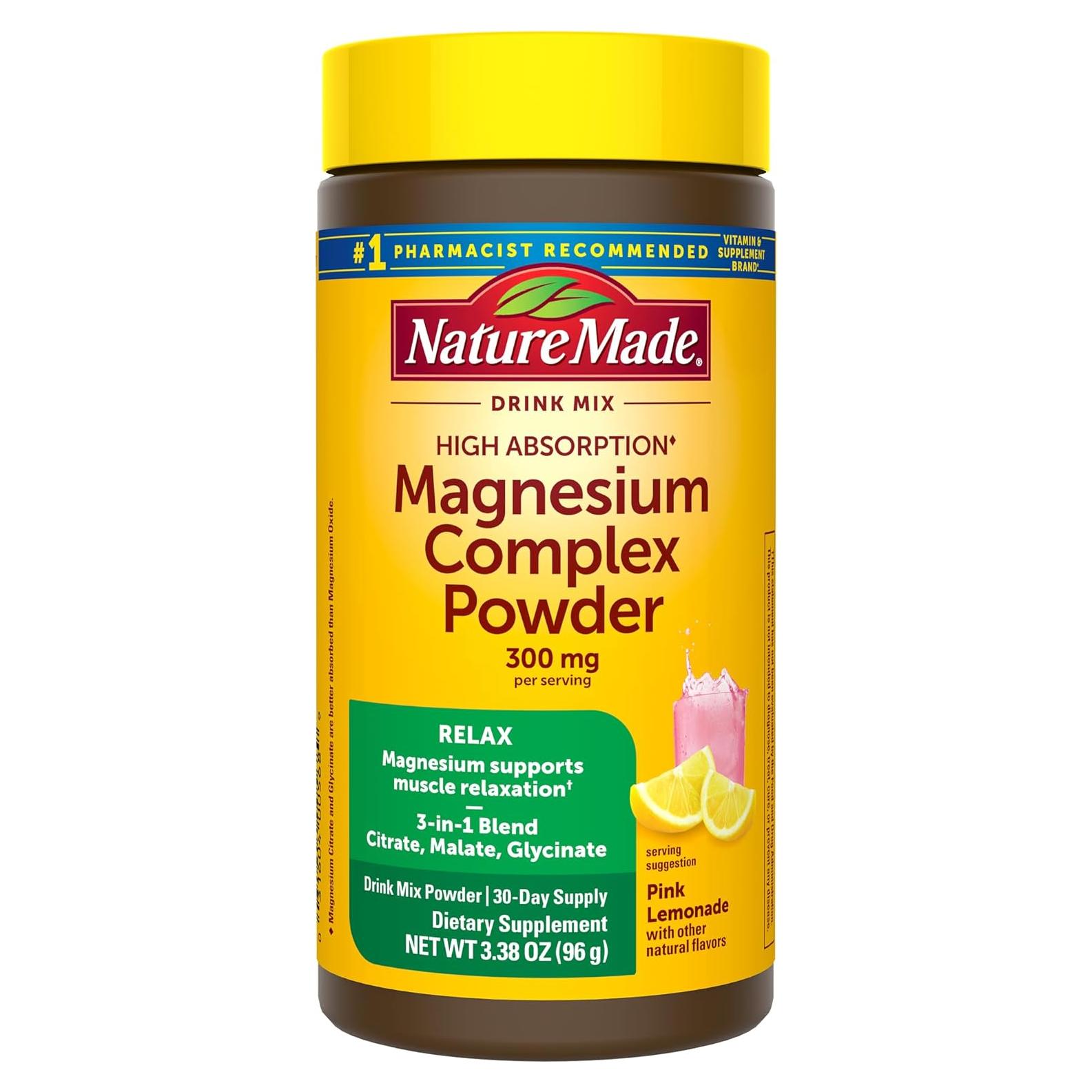 Nature Made Mezcla en Polvo de Magnesio 300mg 3-en-1 Sabor Limonada Rosa 96g