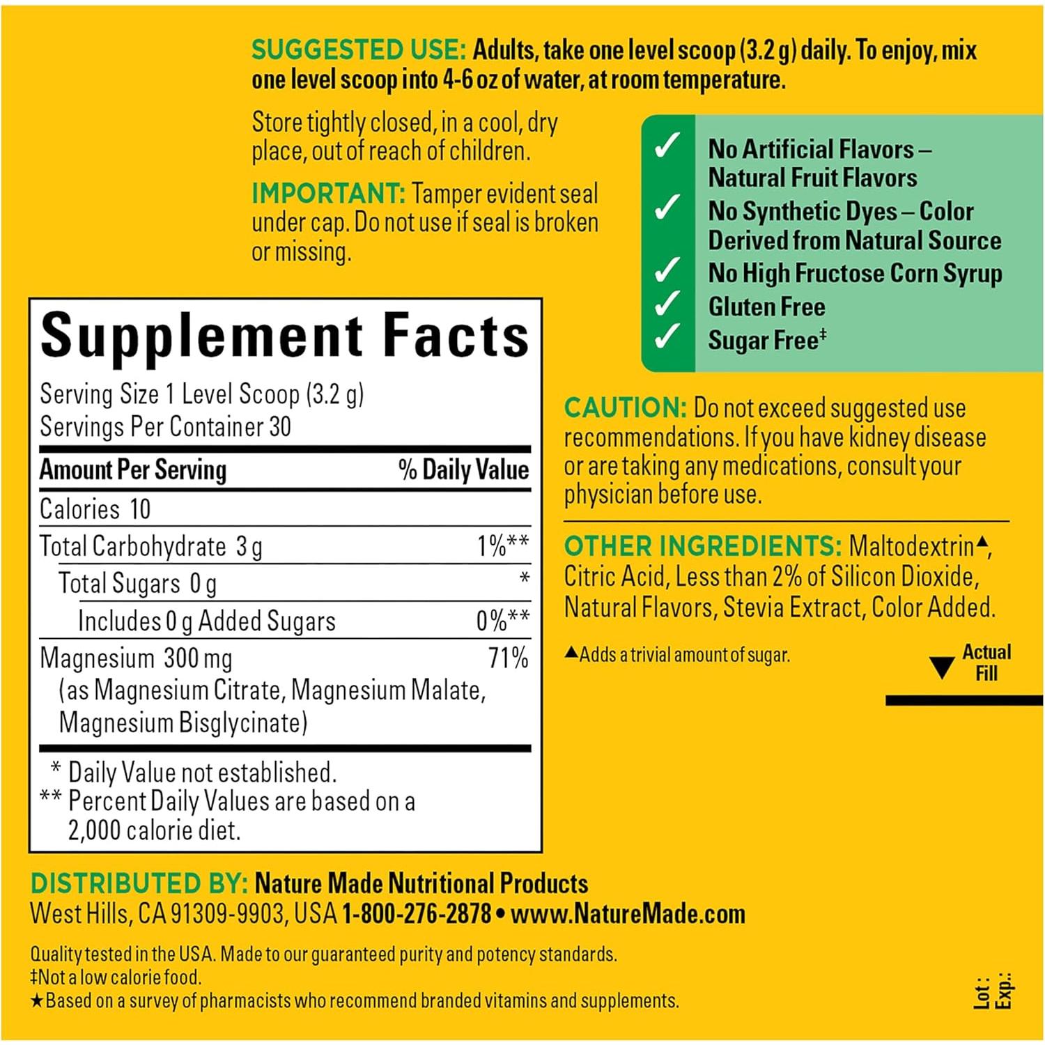 Nature Made Mezcla en Polvo de Magnesio 300mg 3-en-1 Sabor Limonada Rosa 96g