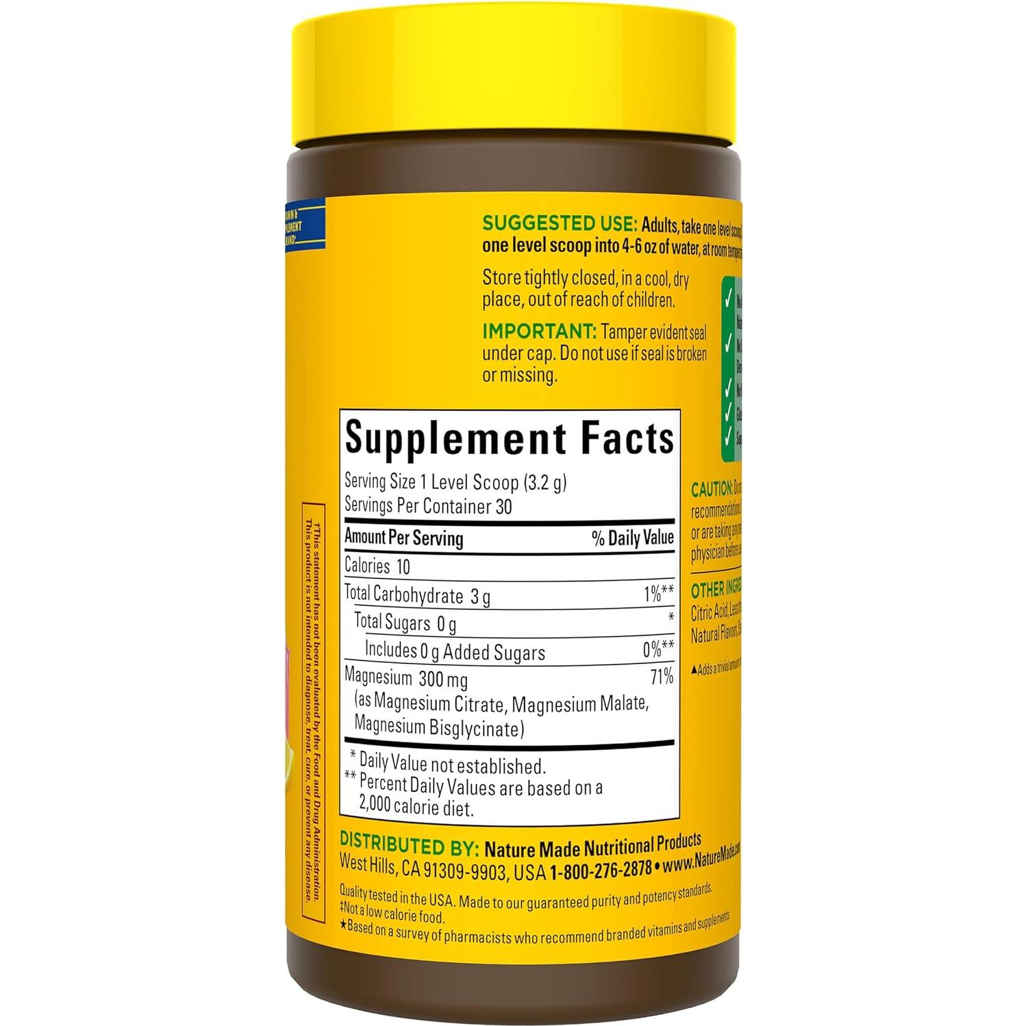 Nature Made Mezcla en Polvo de Magnesio 300mg 3-en-1 Sabor Limonada Rosa 96g