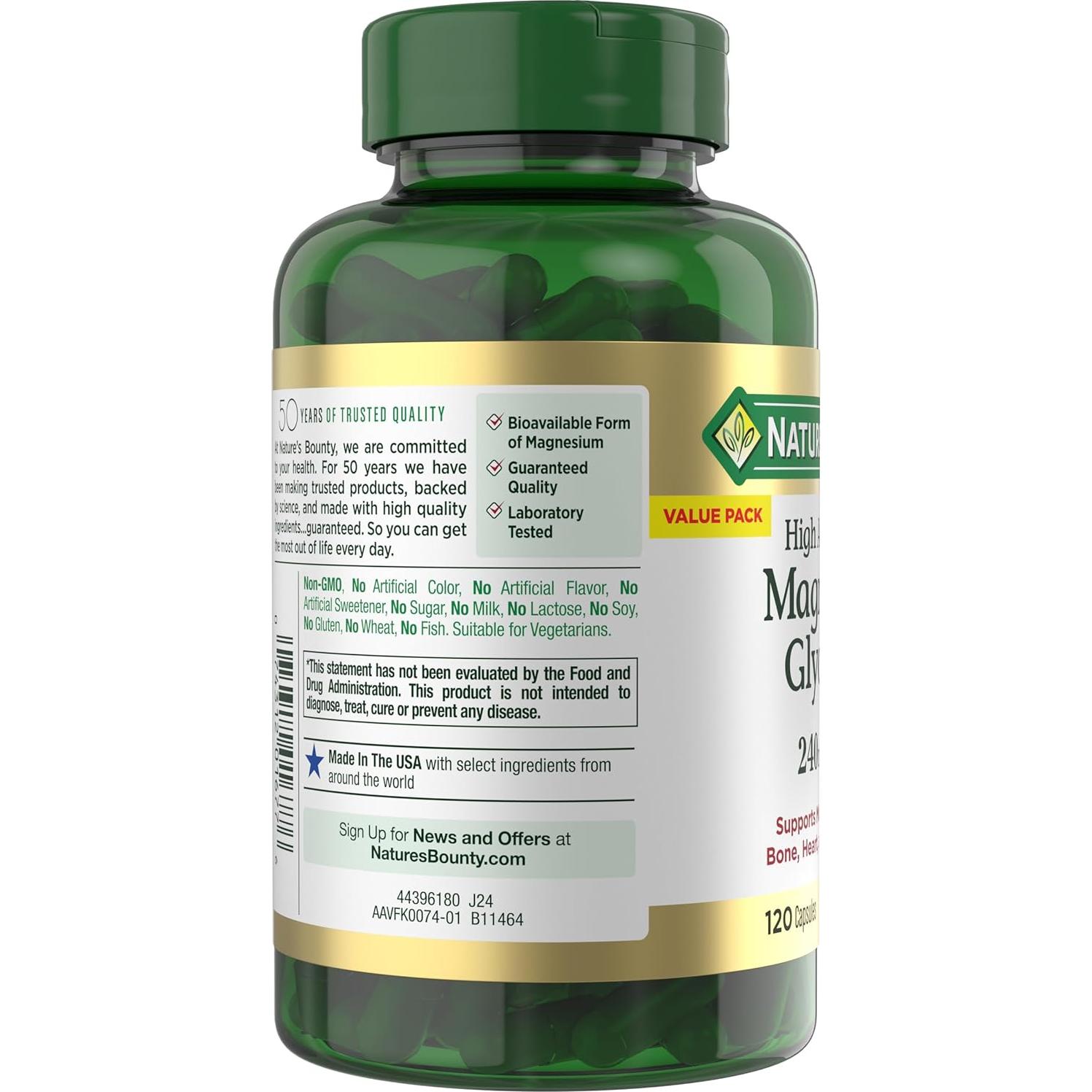 Magnesio Glicinato Nature's Bounty 240 mg 120 Cápsulas